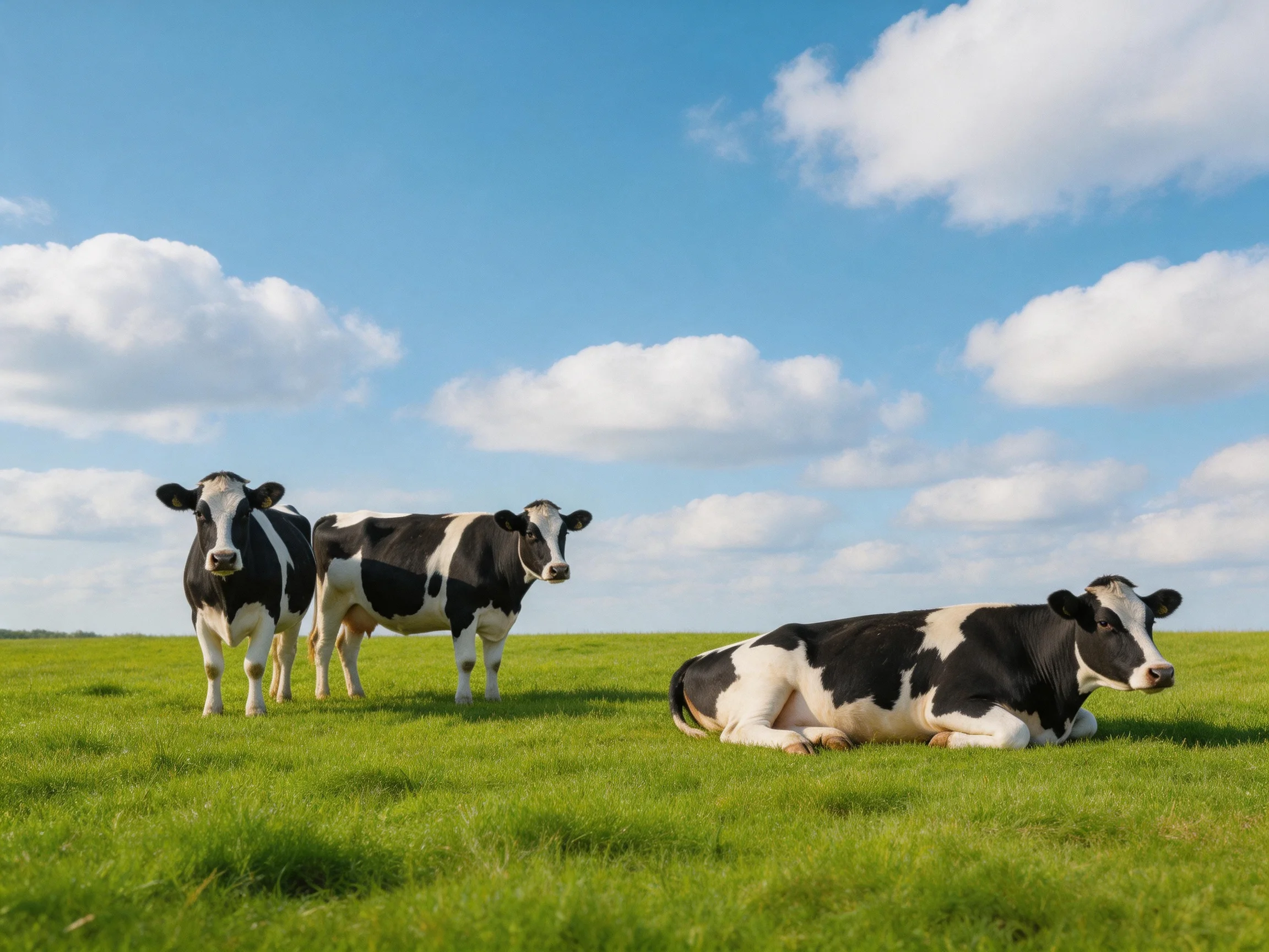 Three black and white cows are in a sunny pasture under a clear blue sky.