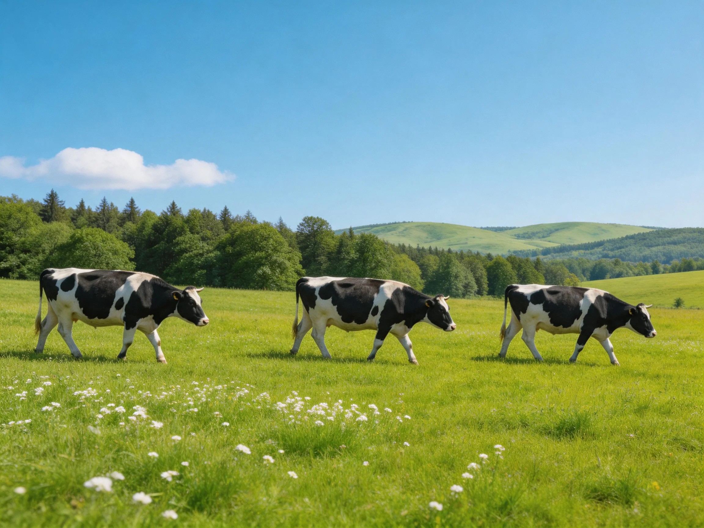 Three black-and-white cows walk through a lush green meadow under clear blue skies
