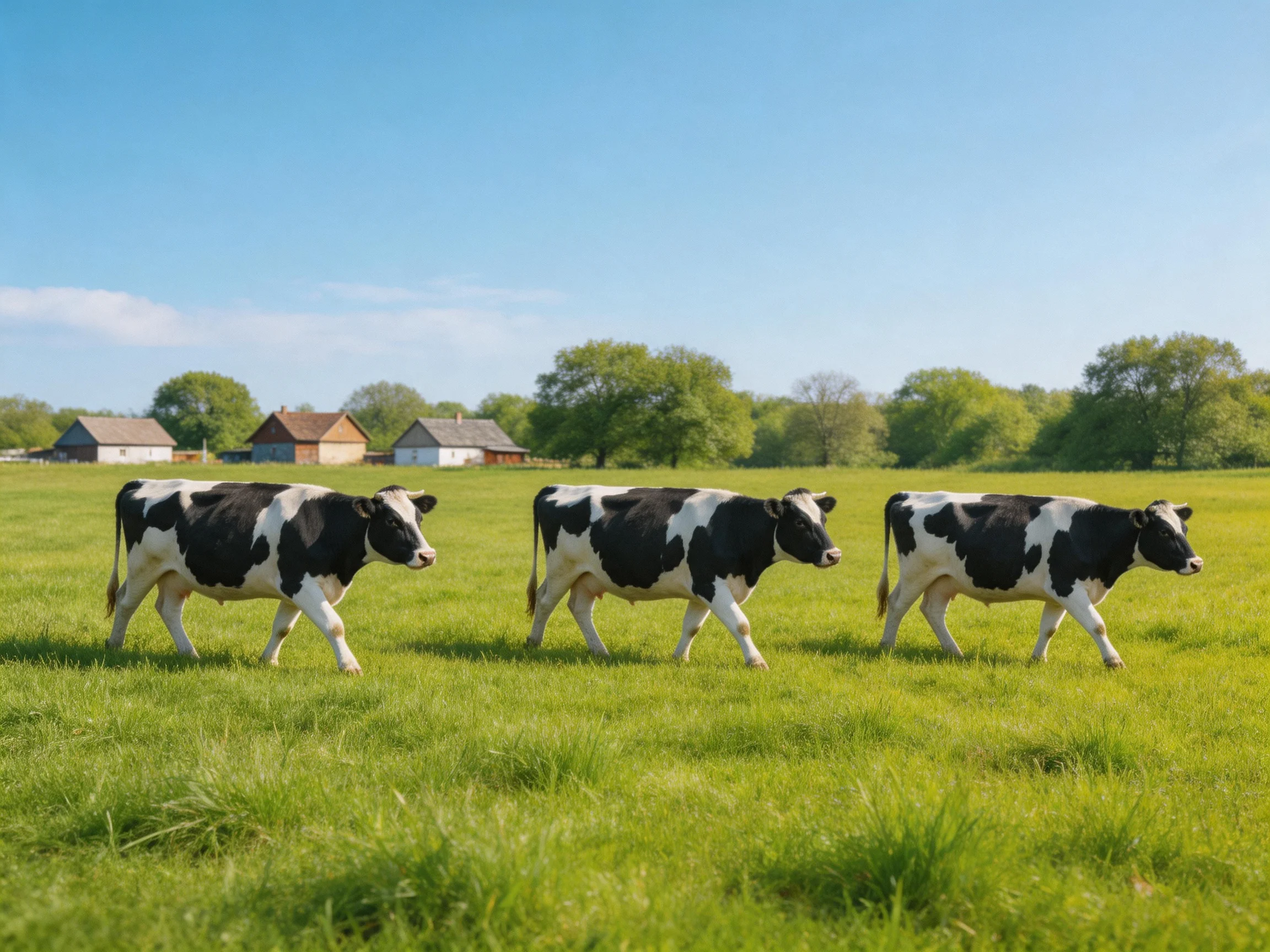 Three black - and - white cows walk through a lush green pasture near farmhouses