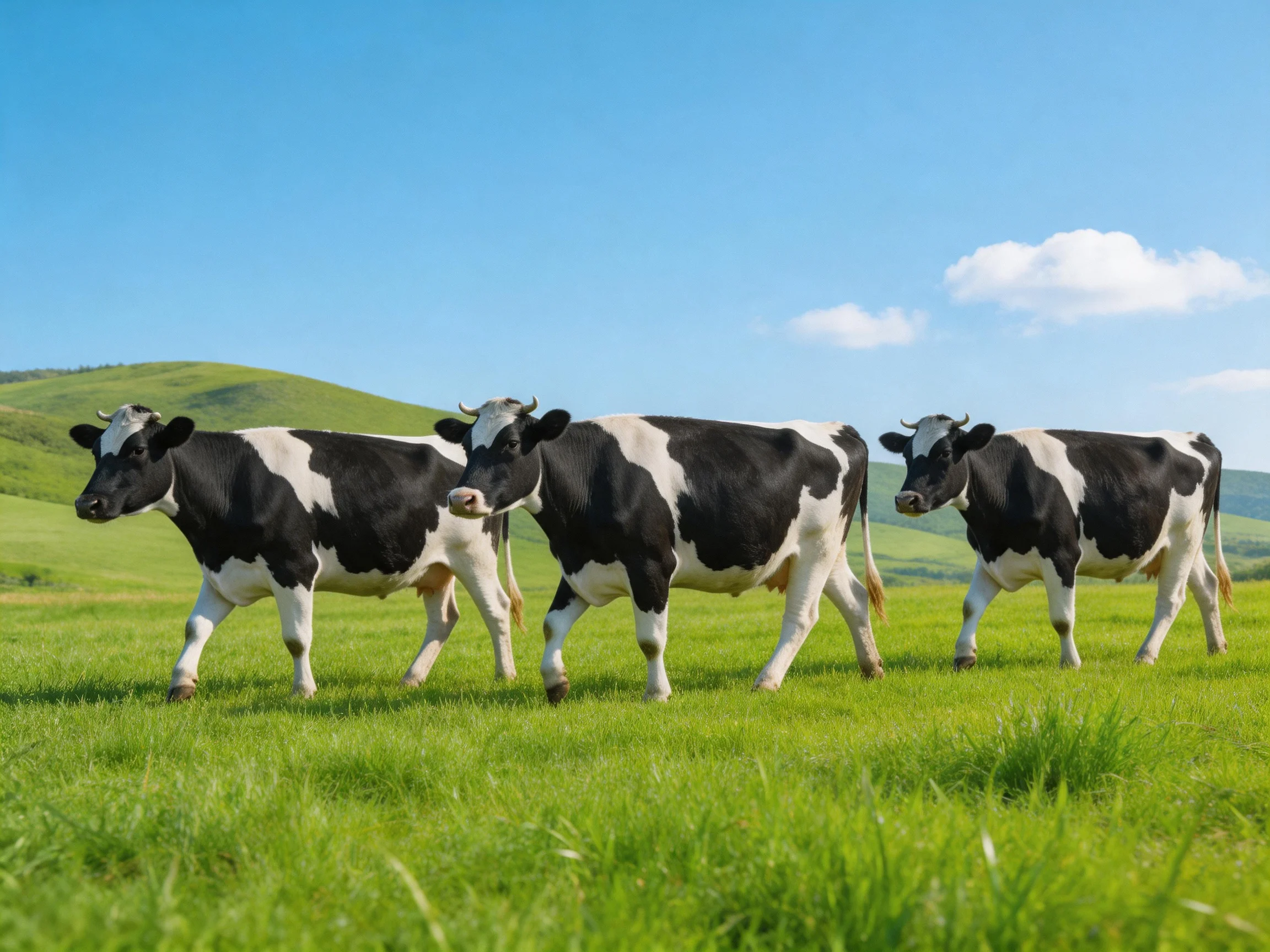 Three black and white cows walk through a lush green pasture under bright blue skies