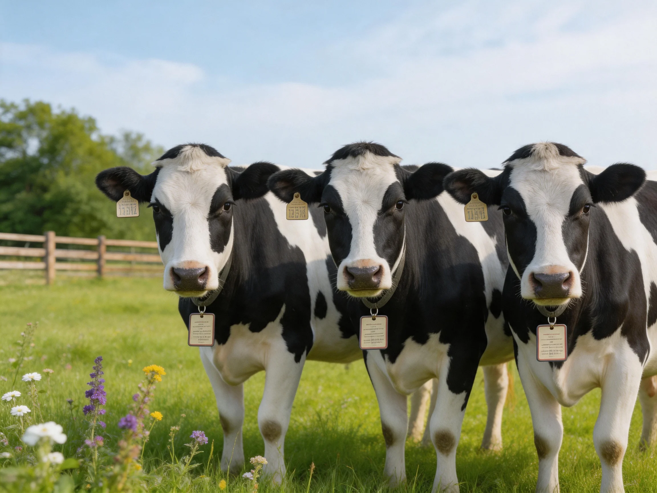Three black-and-white dairy cows stand in a sunlit pasture