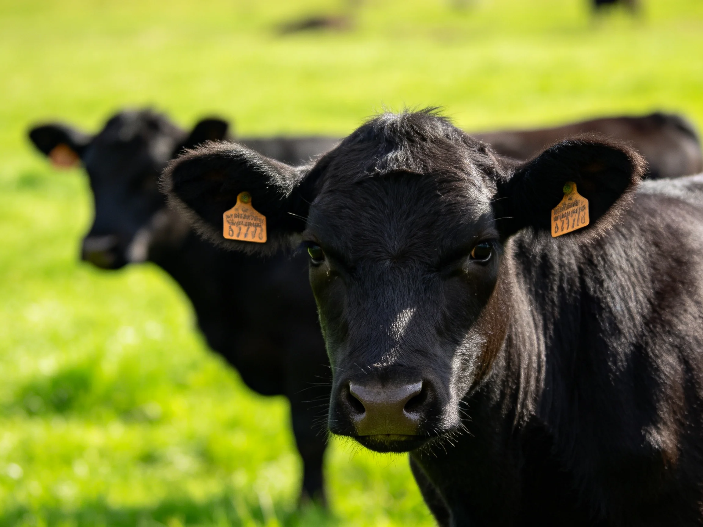 Three black calves with orange ear tags in a sunlit green pasture