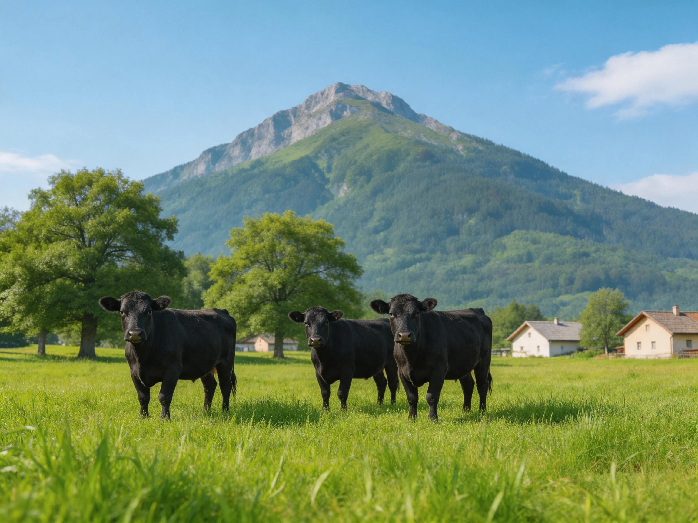Three black cattle graze in a lush green meadow with a forested mountain backdrop