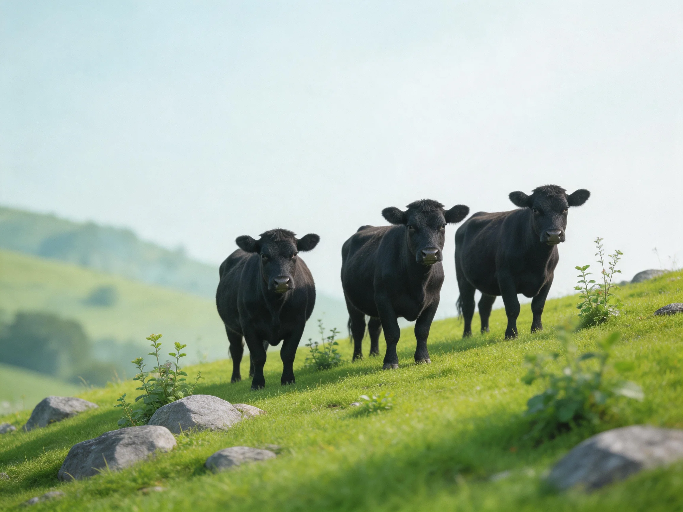 Three black cattle on a grassy hillside with rocks