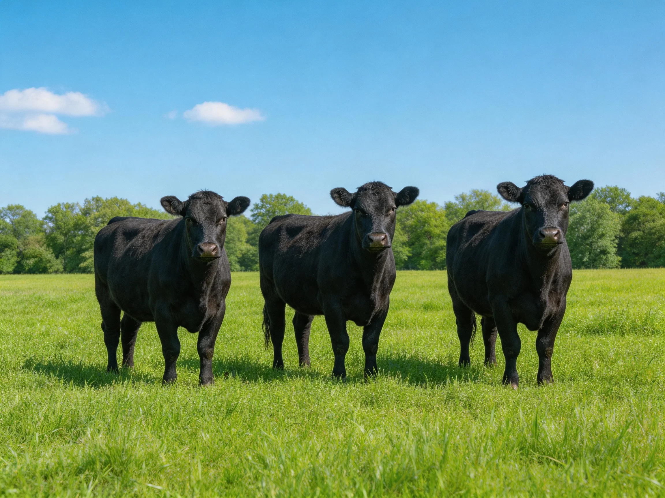 Three black cattle standing in a lush green pasture