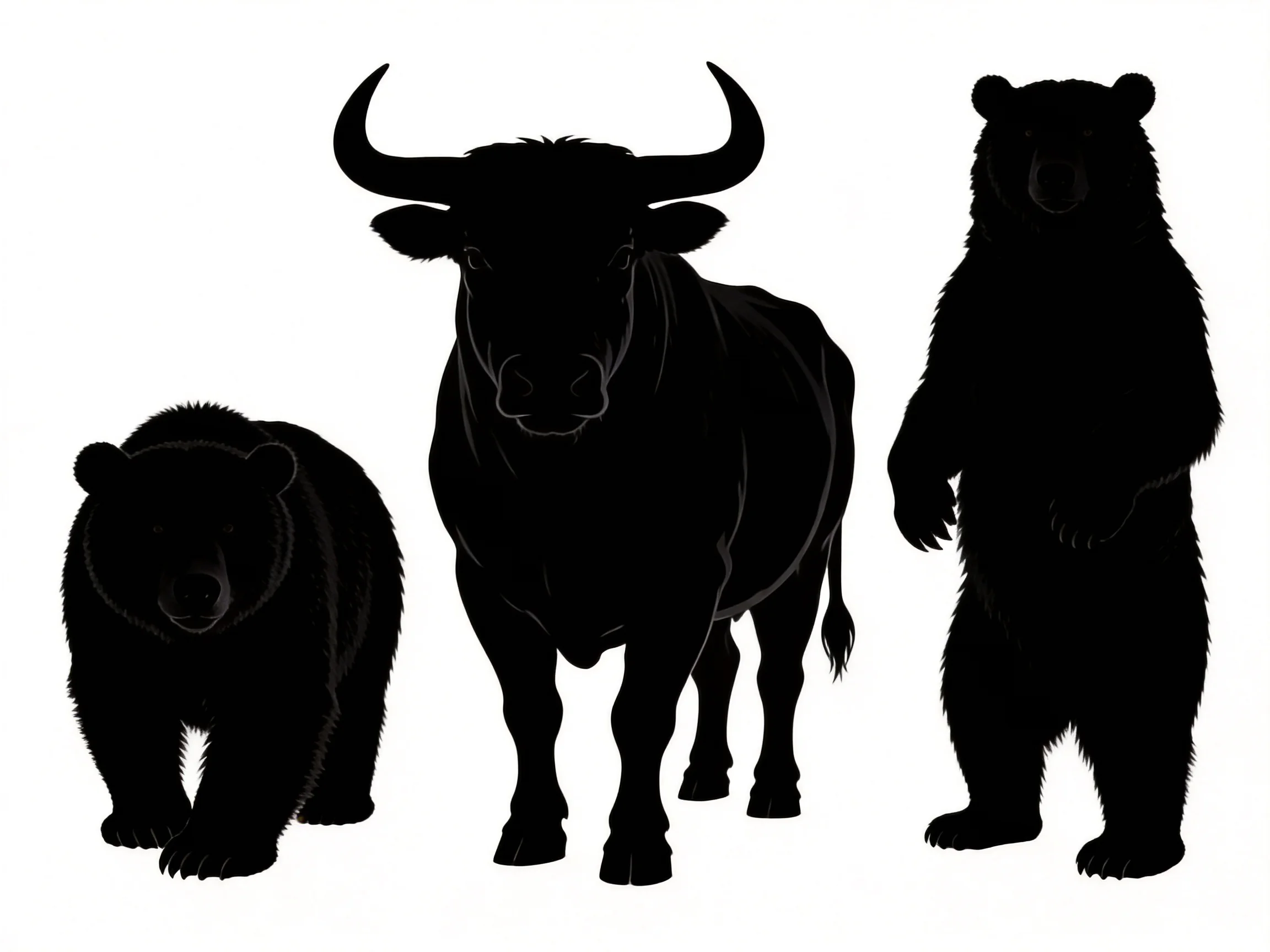 Three black silhouette figures of two bears and a bull