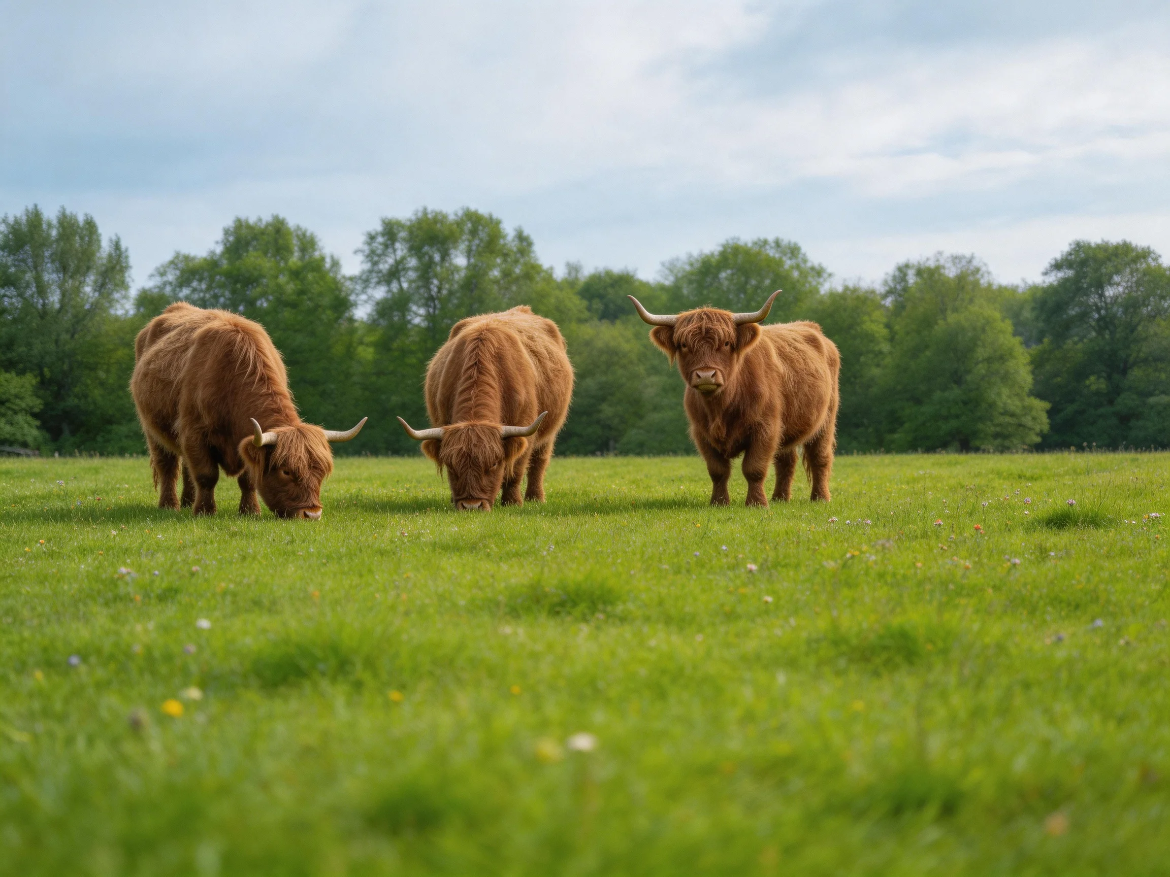 Three brown Highland cattle graze in a lush green meadow