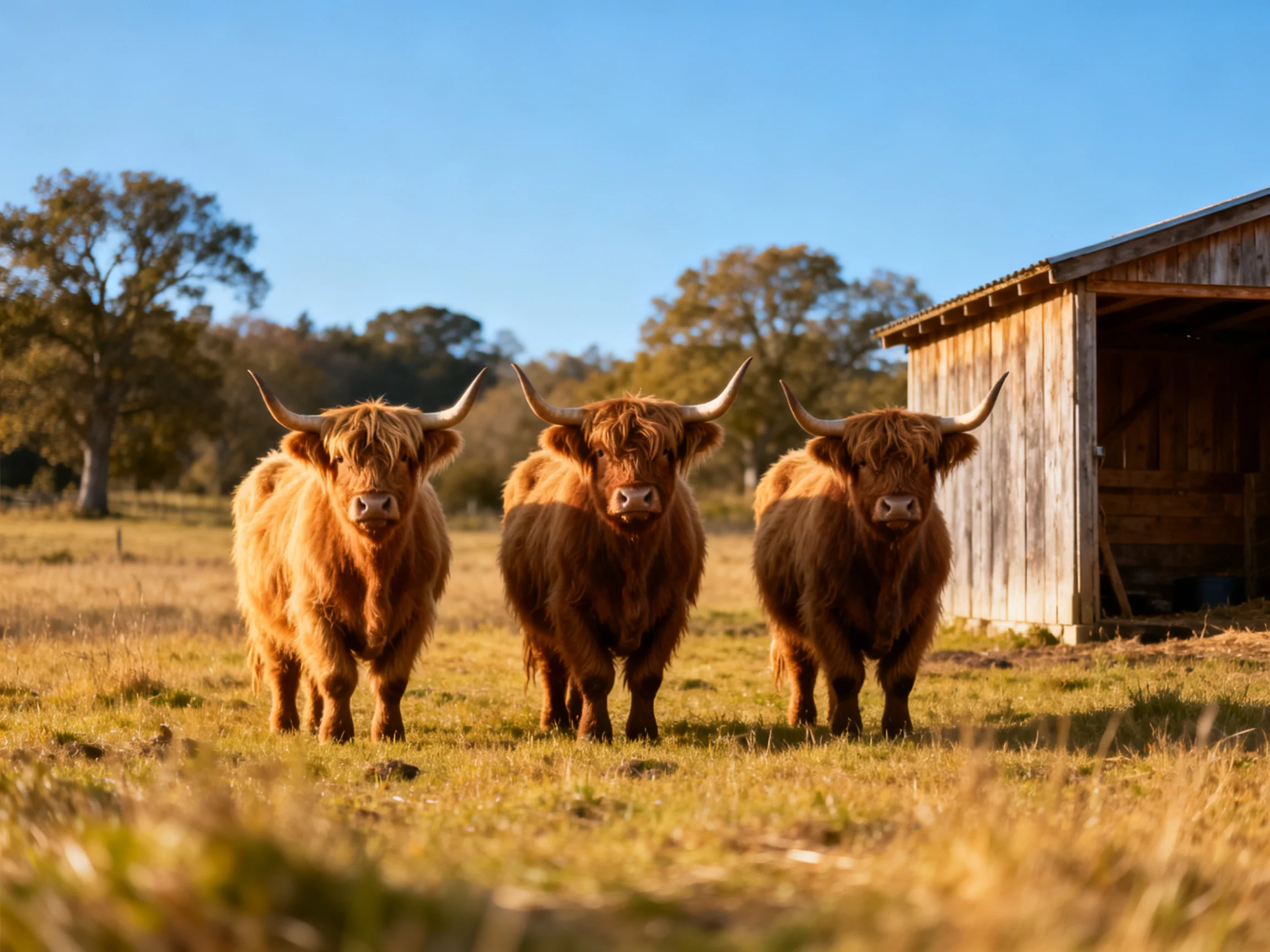 Three brown Highland cattle gather in a sunlit rural setting near a shed.