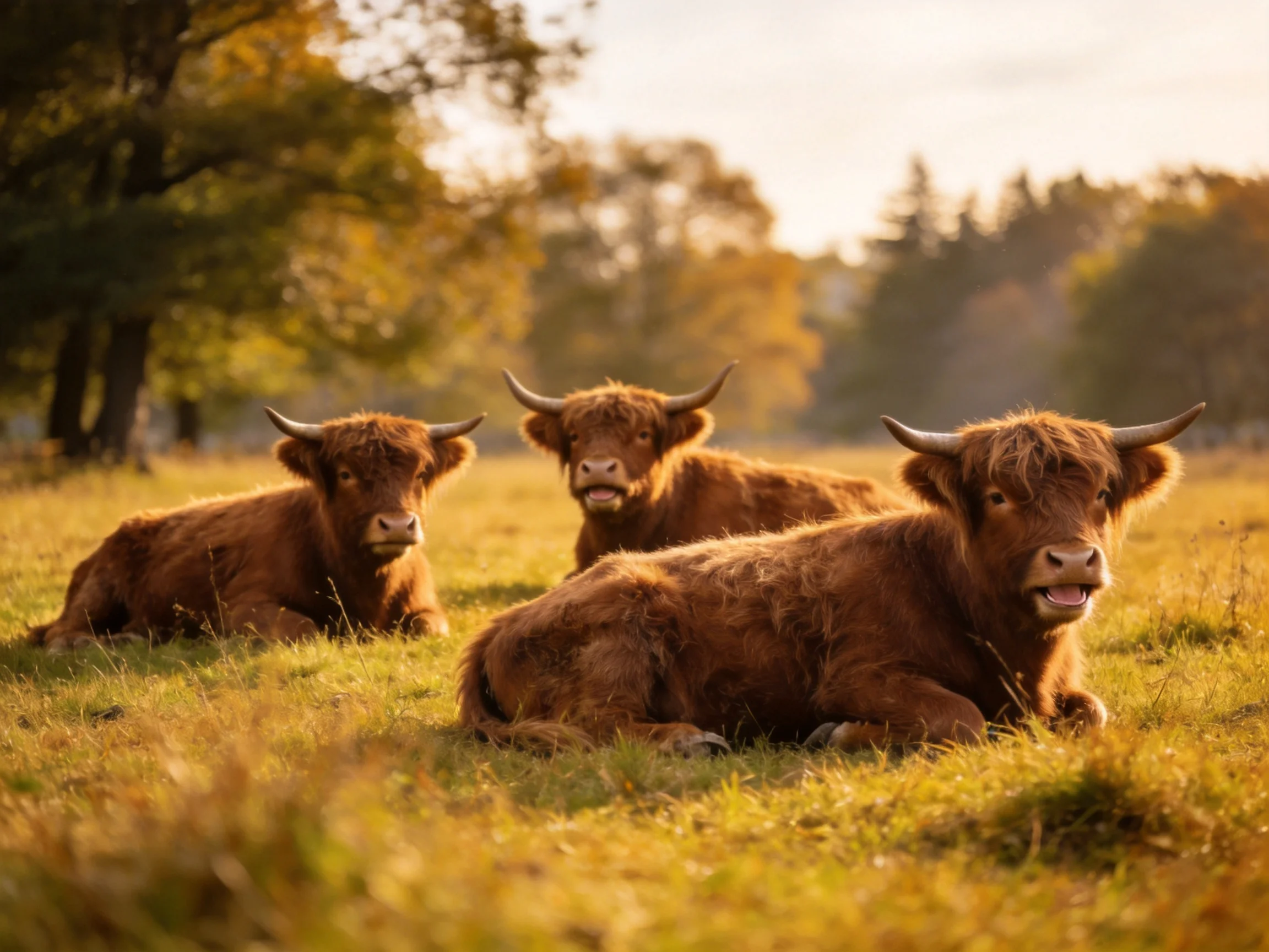 Three brown Highland cattle rest in a sunlit autumn meadow