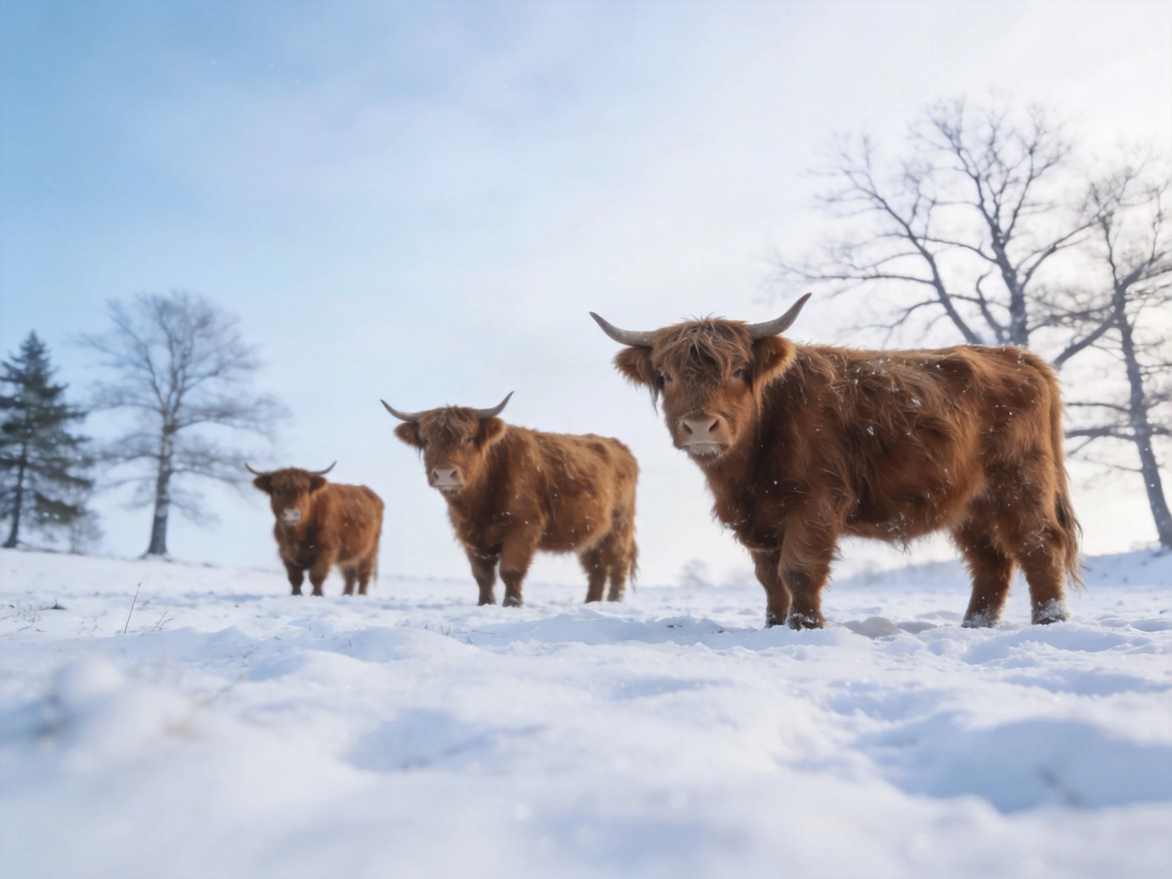 Three brown Highland cattle stand in a snowy winter field