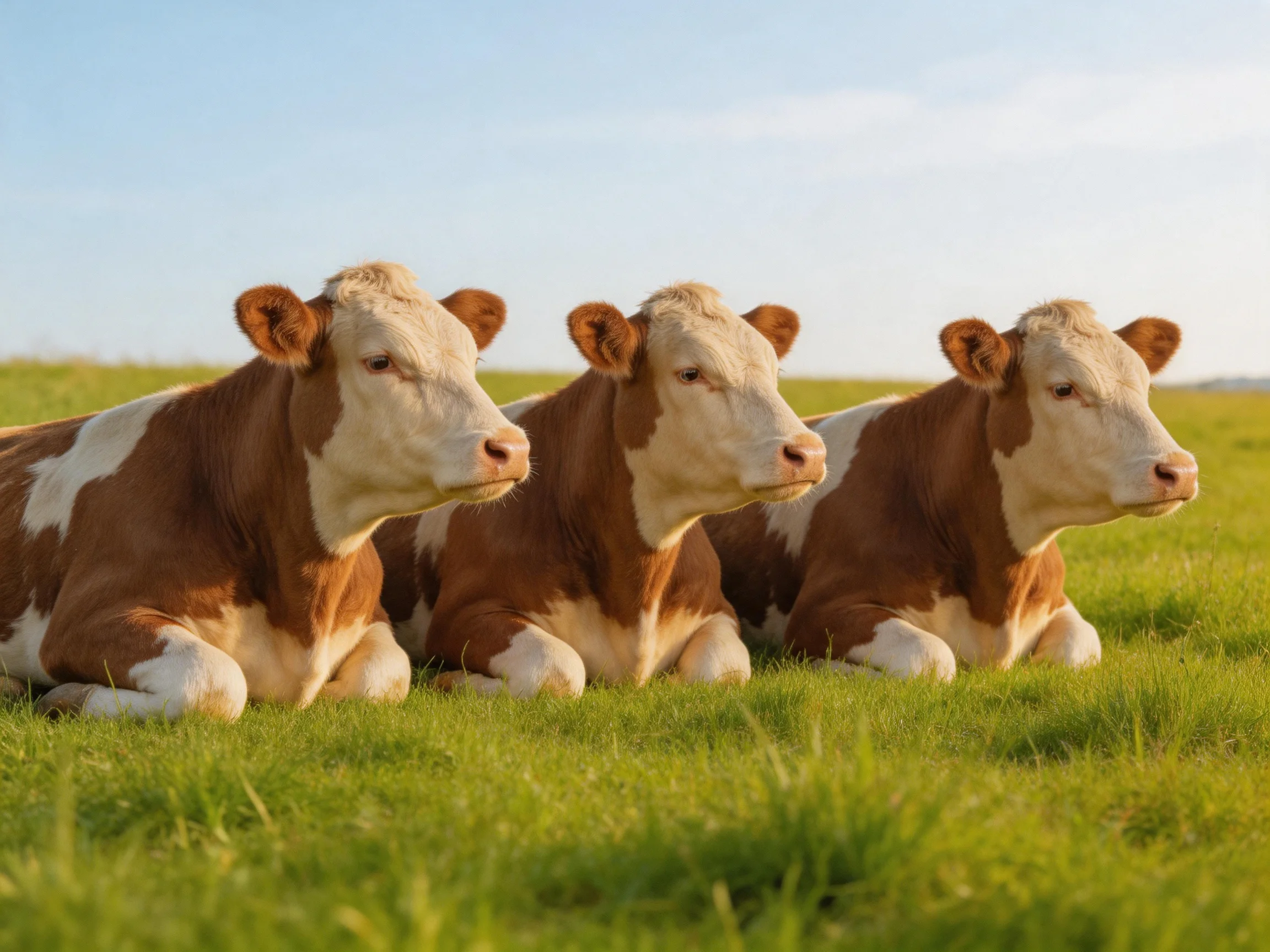Three brown-and-white calves rest in a lush green pasture