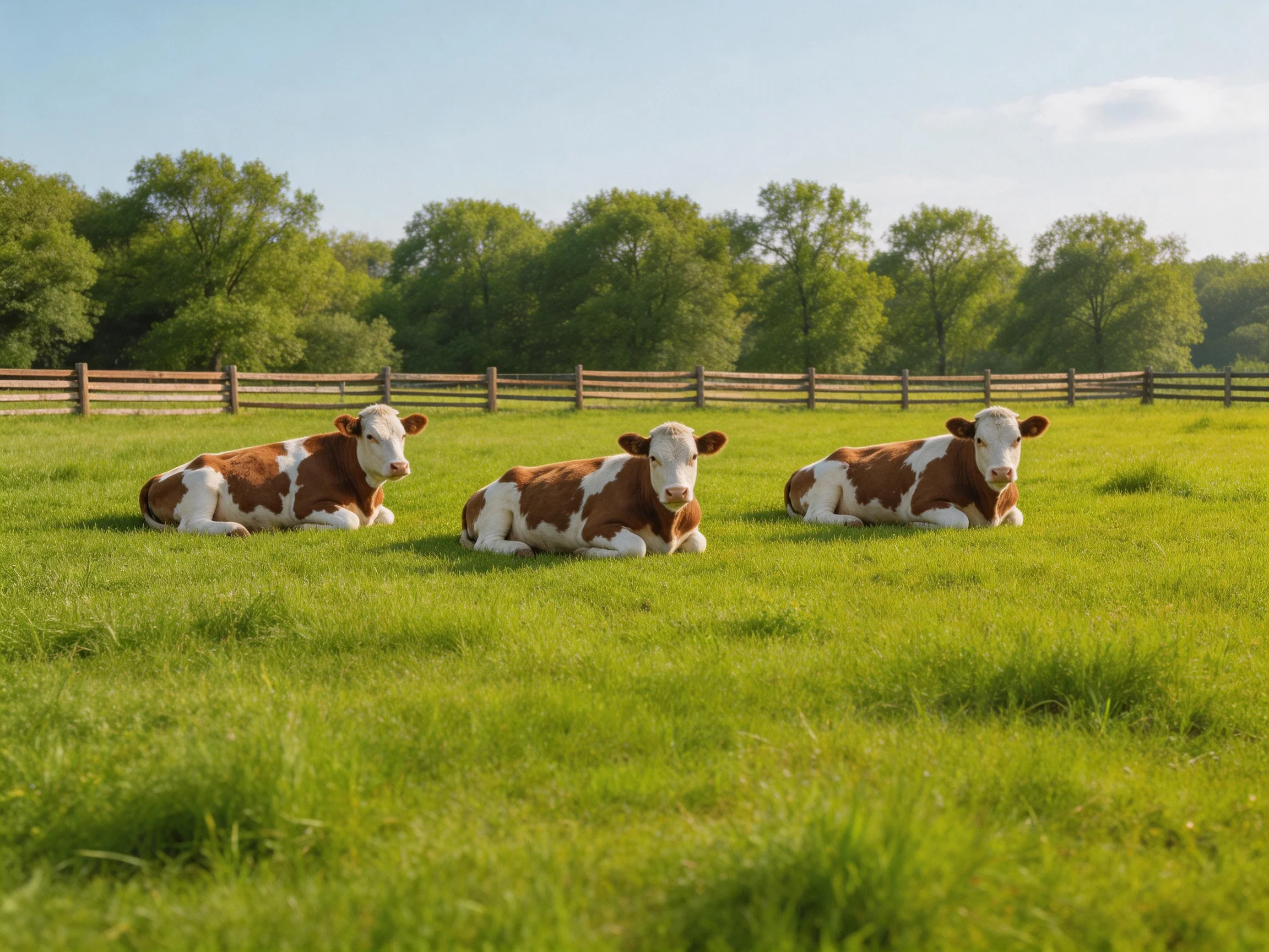 Three brown-and-white calves rest in a sunlit green pasture with wooden fences