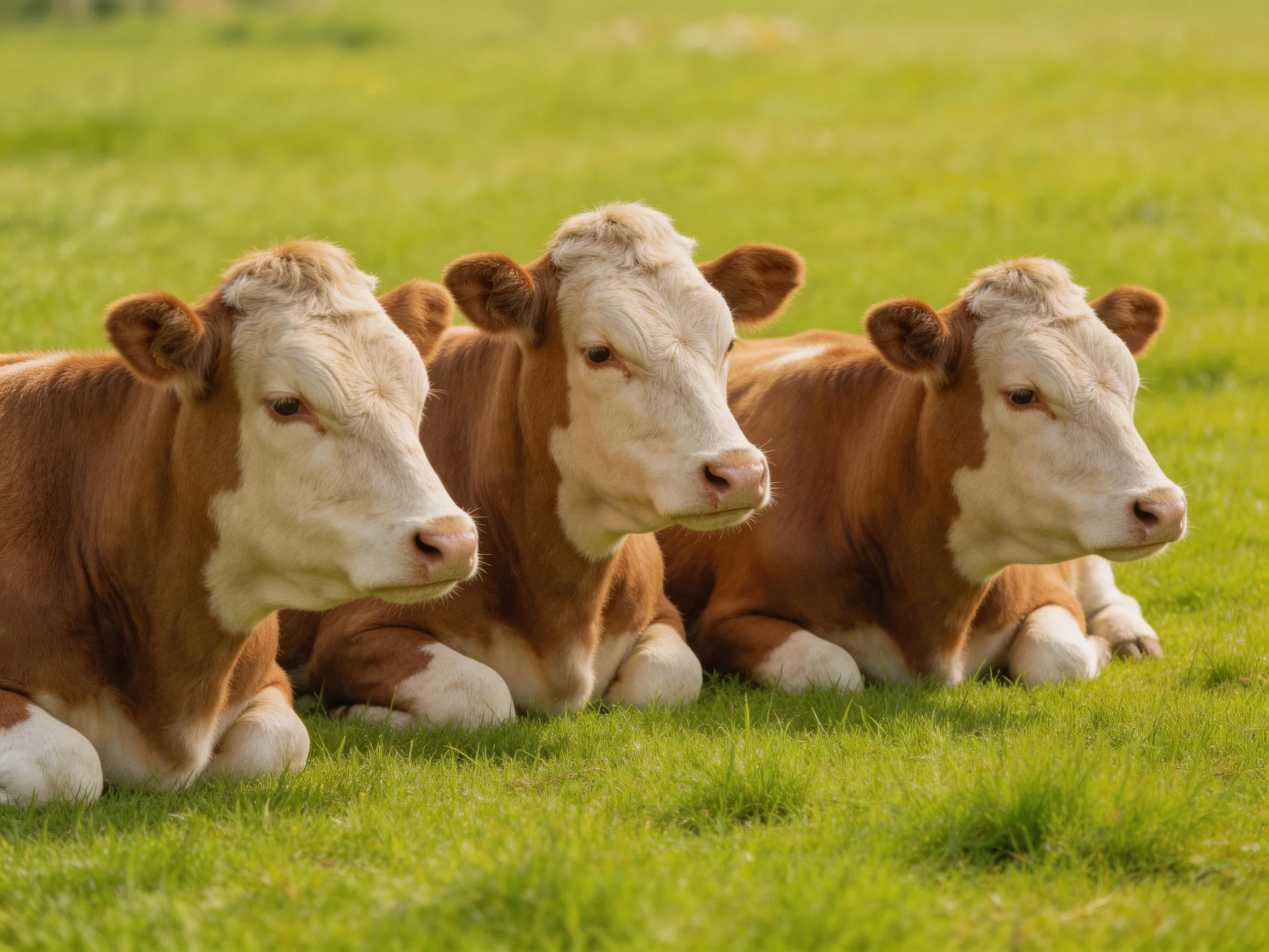 Three brown-and-white calves rest on green pasture