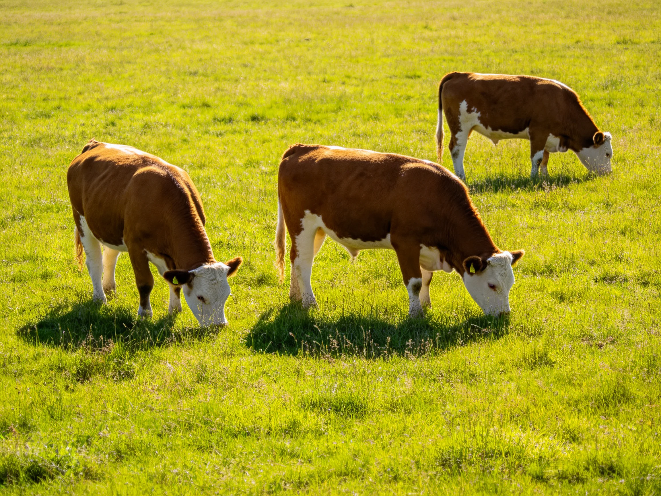 Three brown and white cows graze in a lush green pasture