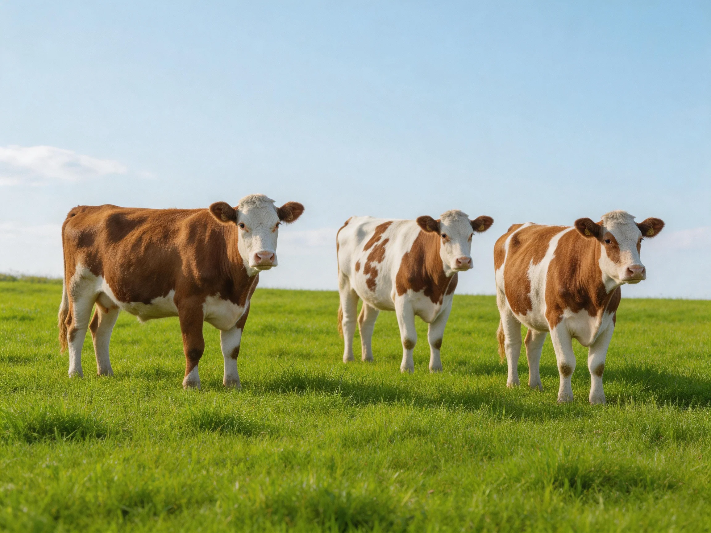 Three brown-and-white cows stand in a sunny green pasture.