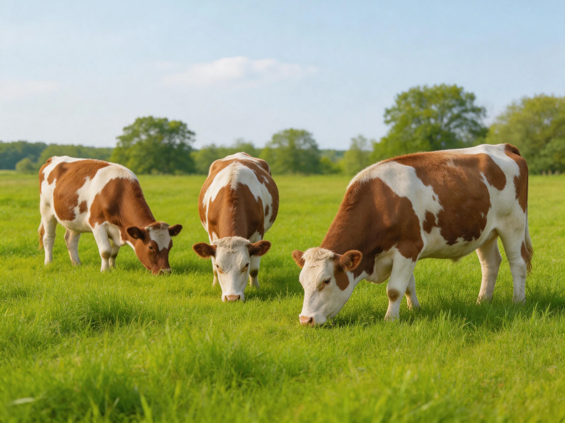 Three brown-and-white cows graze in a lush green pasture