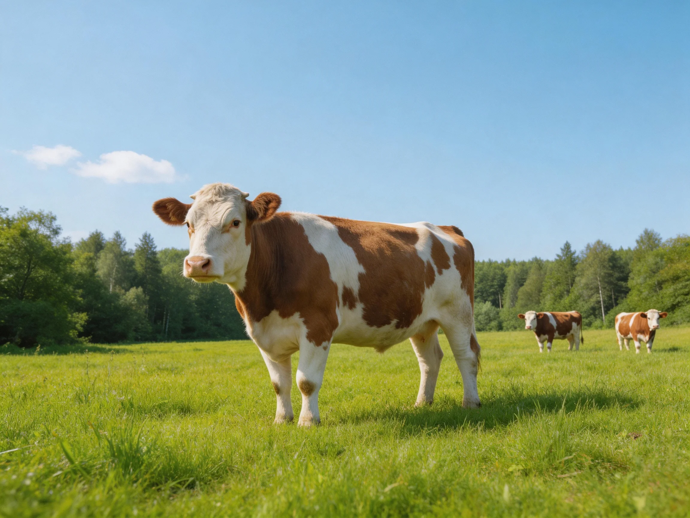 Three brown-and-white cows graze in a lush green pasture under bright blue sky
