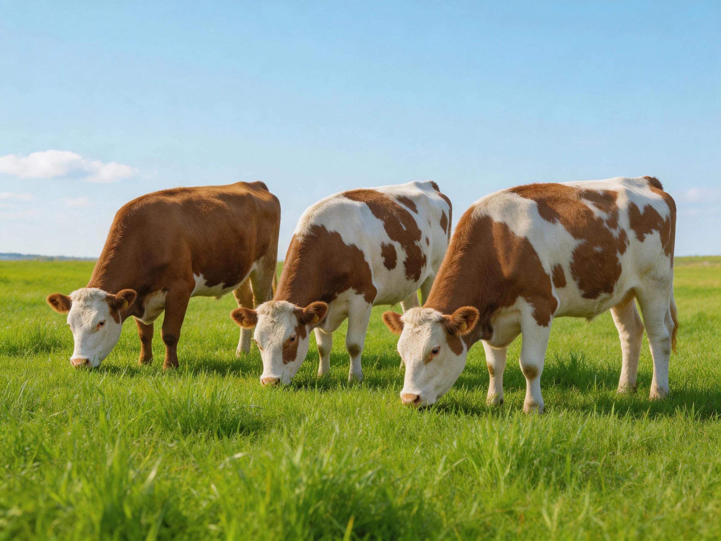 Three brown-and-white cows graze in a lush green pasture under clear blue skies