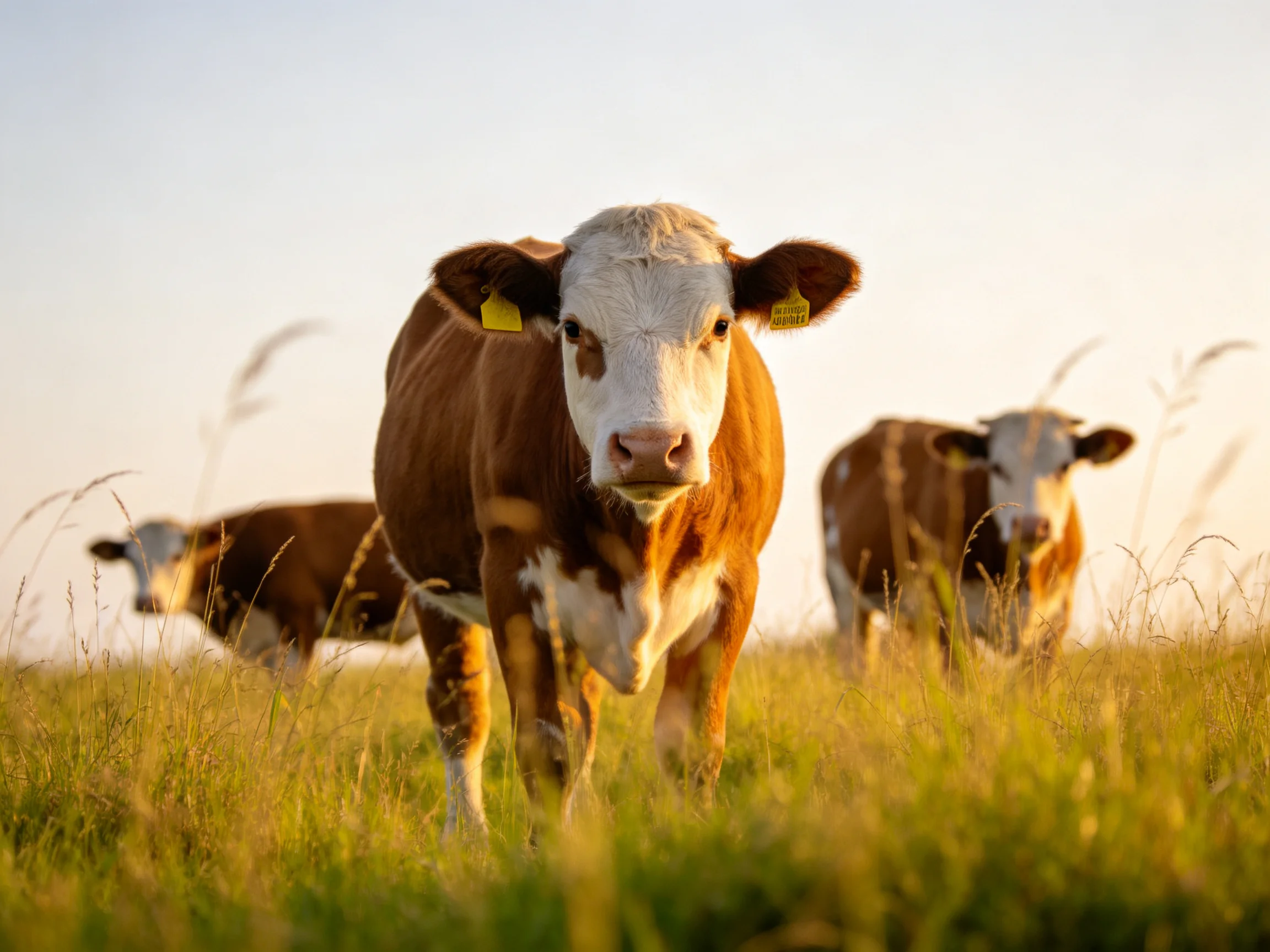 Three brown-and-white cows graze in a sunlit grassy meadow