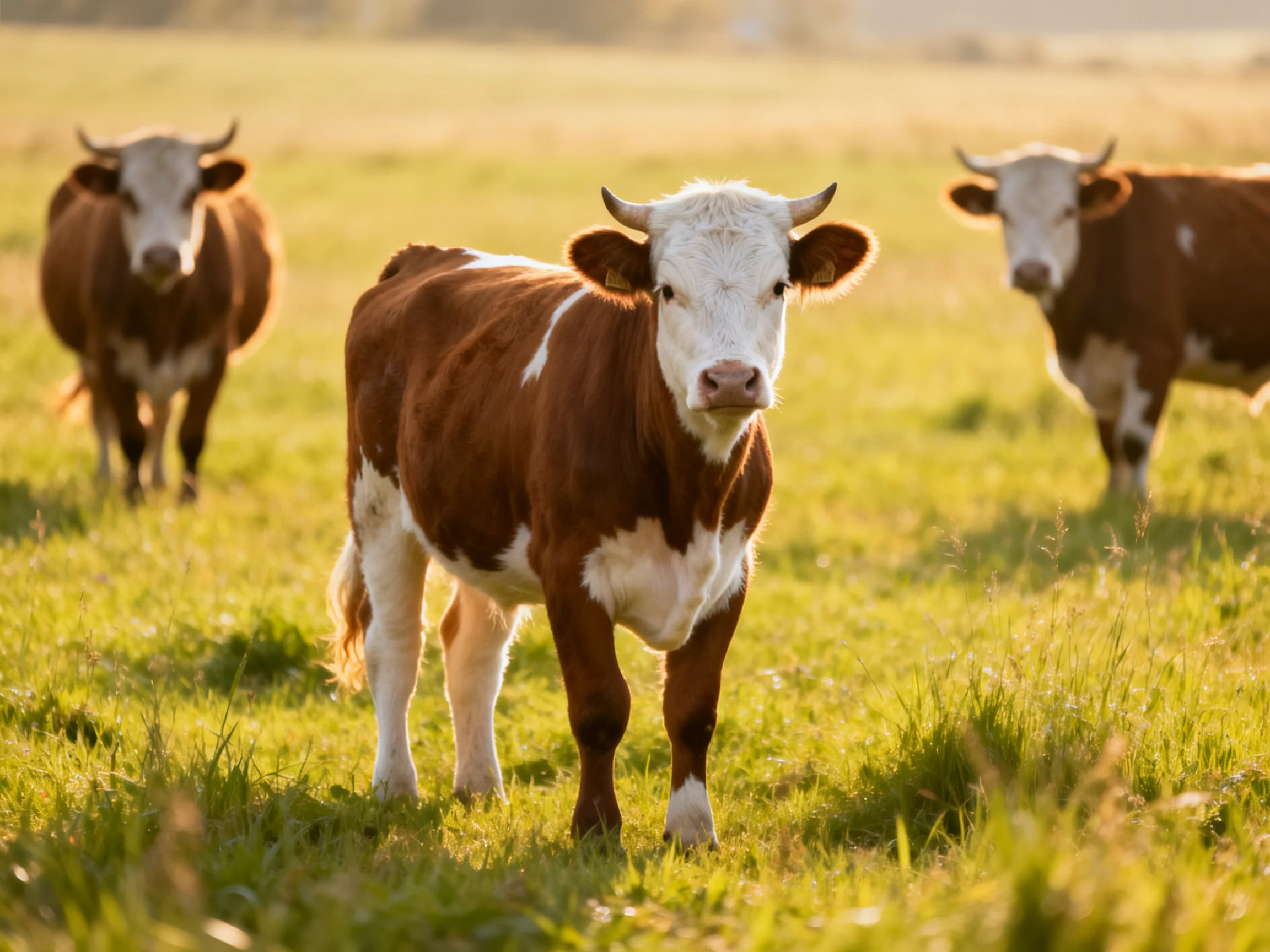 Three brown and white cows graze in a sunlit green pasture