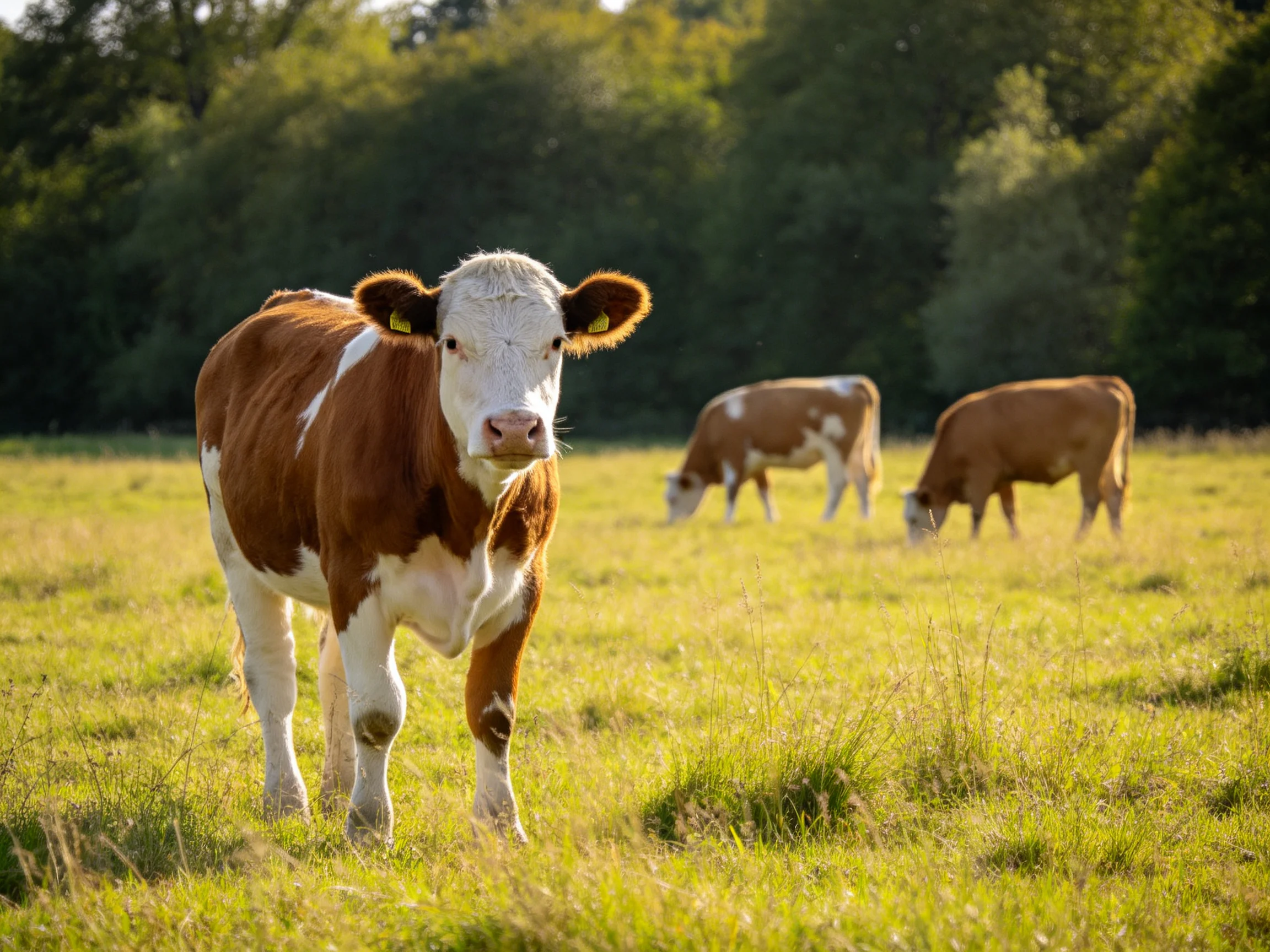 Three brown and white cows graze in a sunlit green pasture