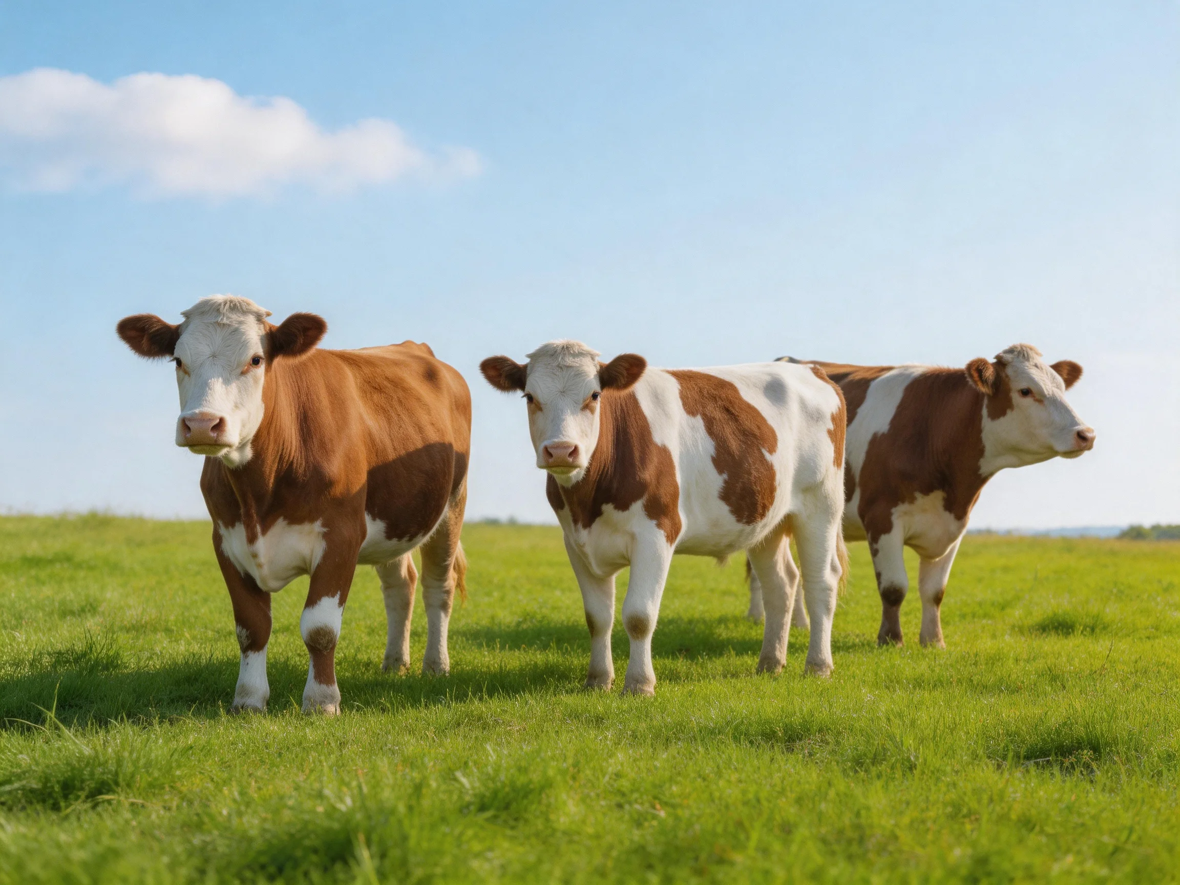 Three brown-and-white cows graze in a sunny green pasture