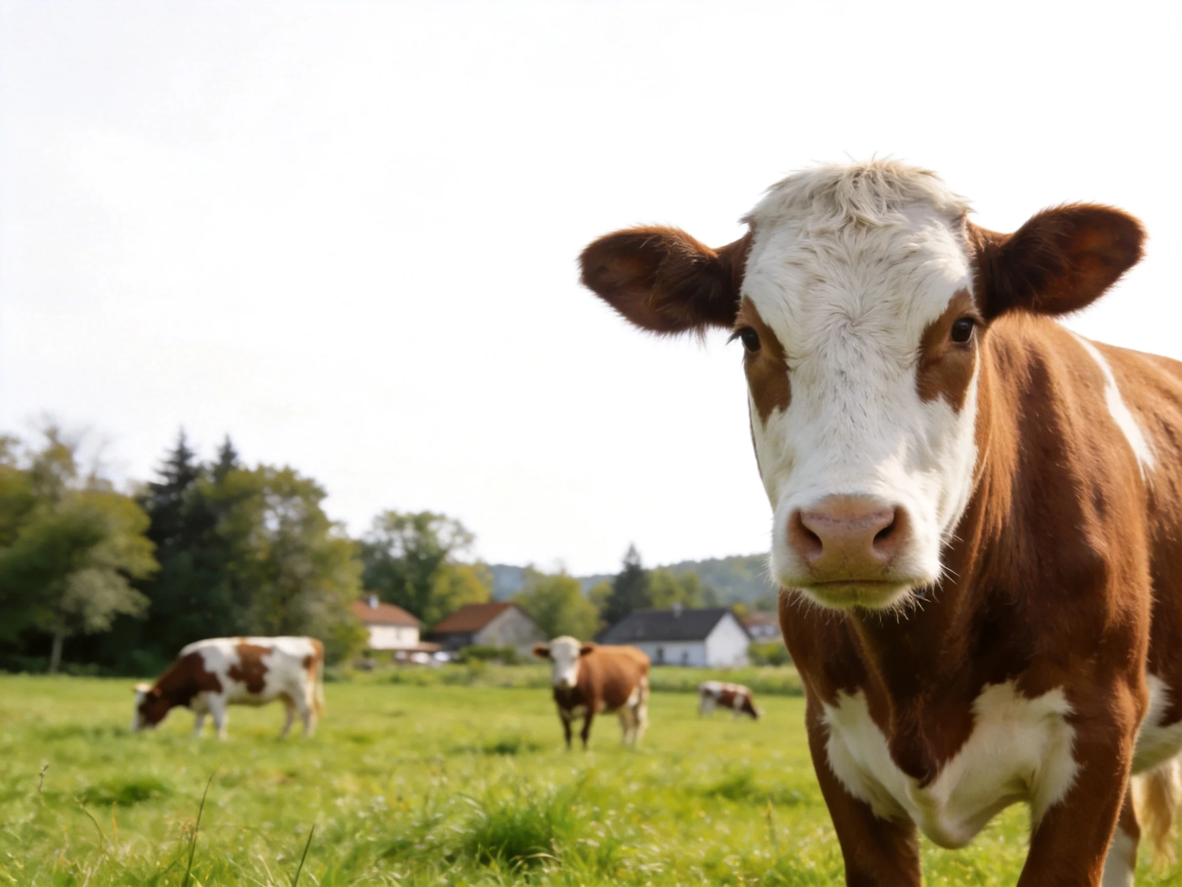 Three brown-and-white cows graze in a sunny green pasture near houses