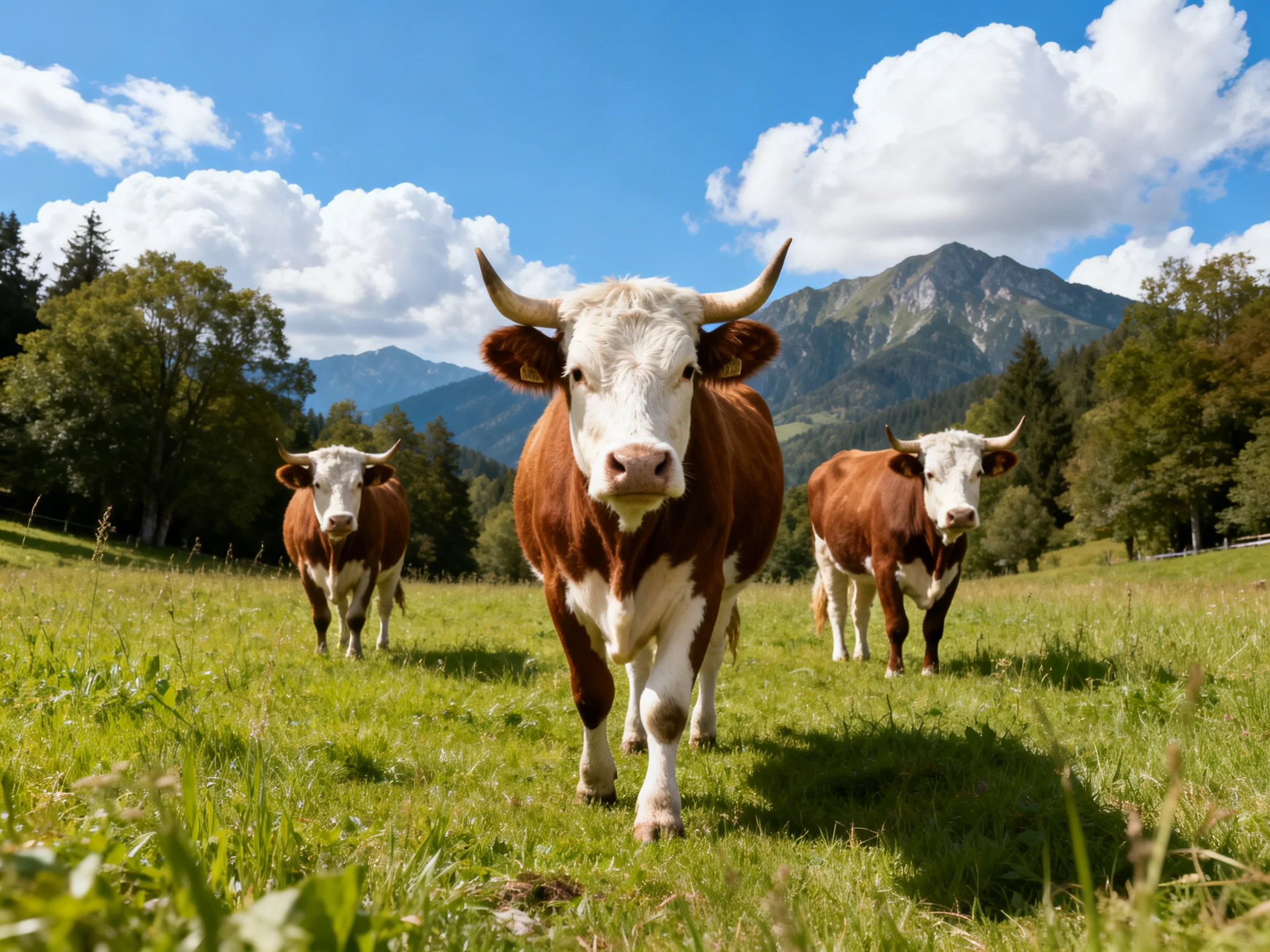 Three brown-and-white cows graze in a sunny mountain meadow