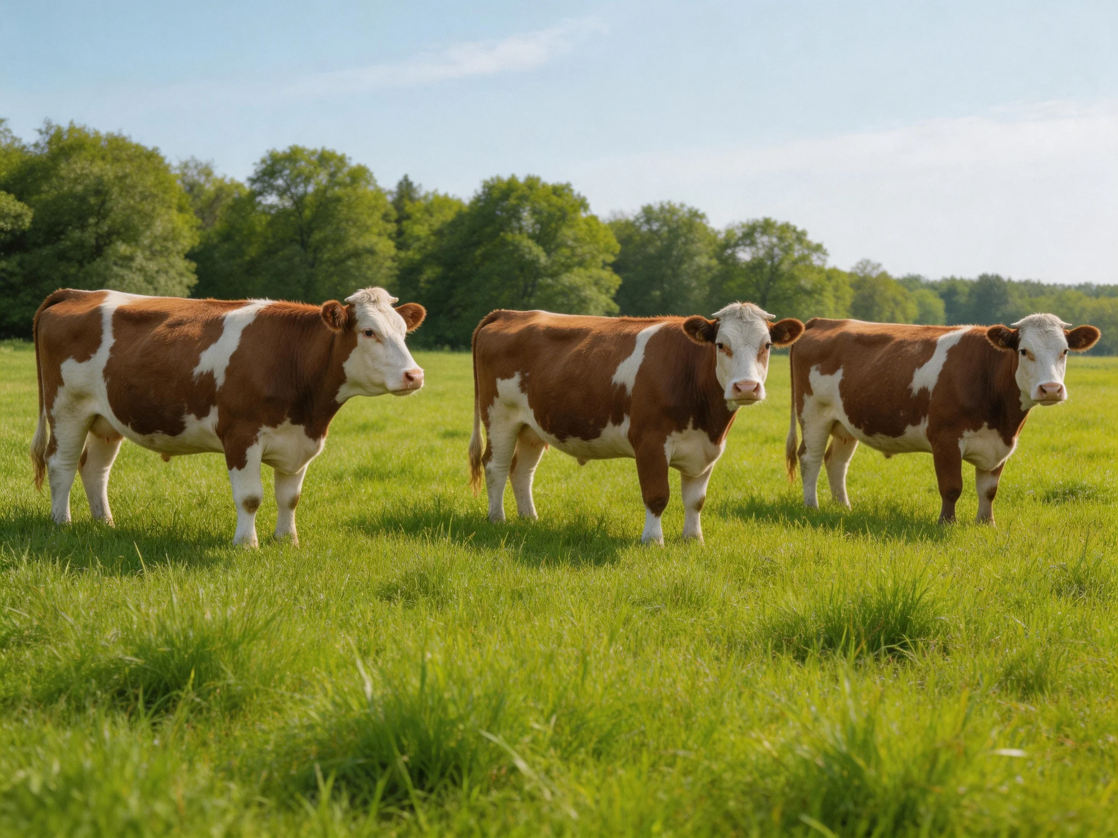 Three brown-and-white cows graze ina lush green pasture near trees
