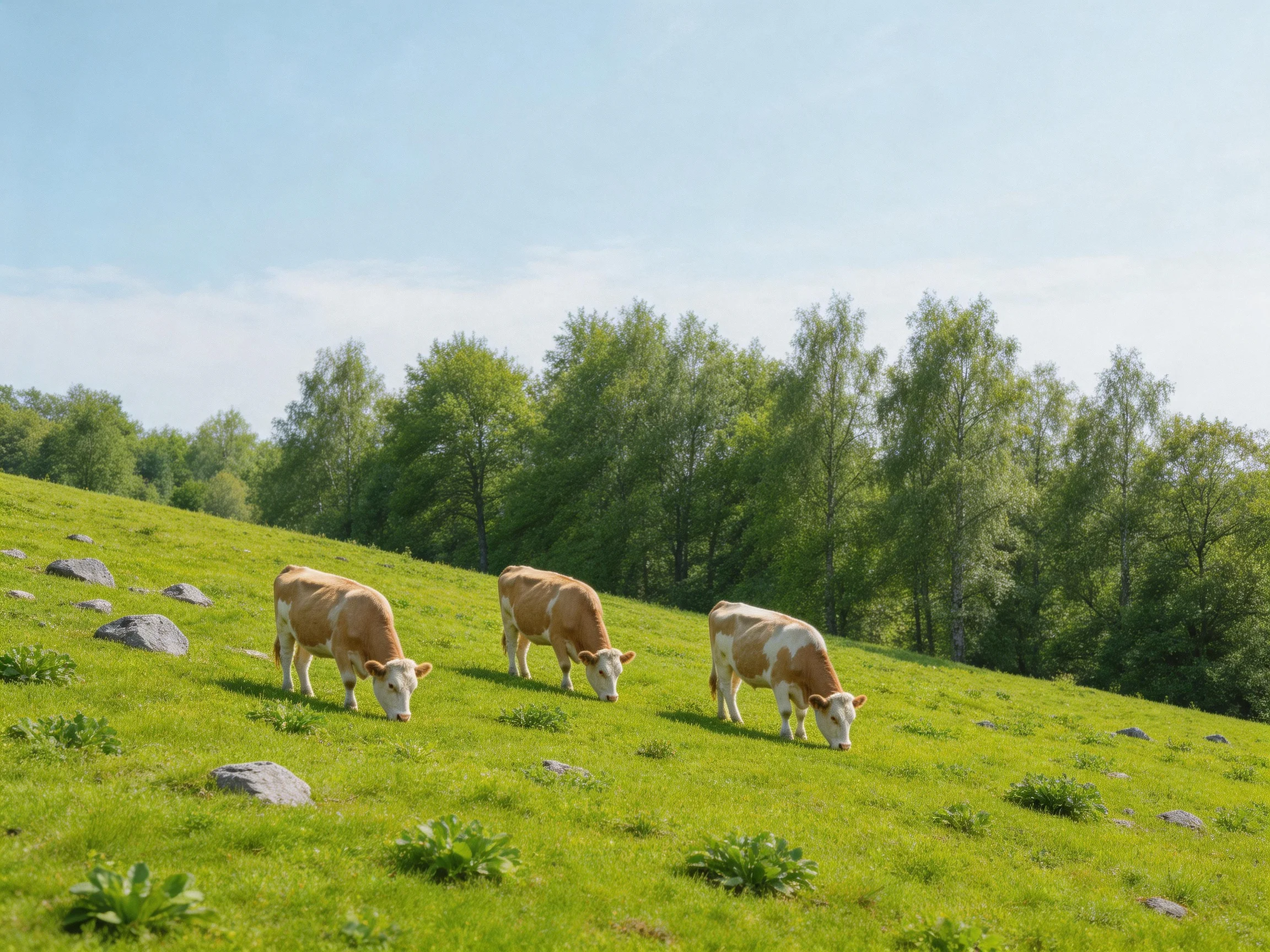Three brown-and-white cows graze on a lush green hillside with scattered rocks and trees.