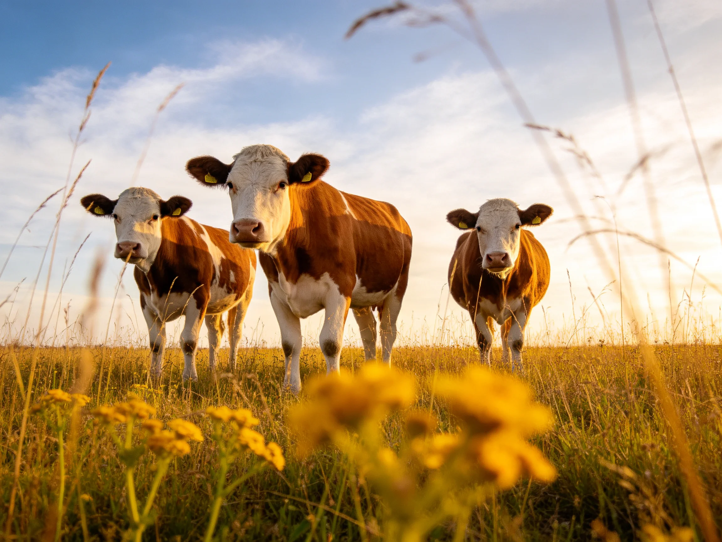 Three brown-and-white cows in a golden meadow under bright sky