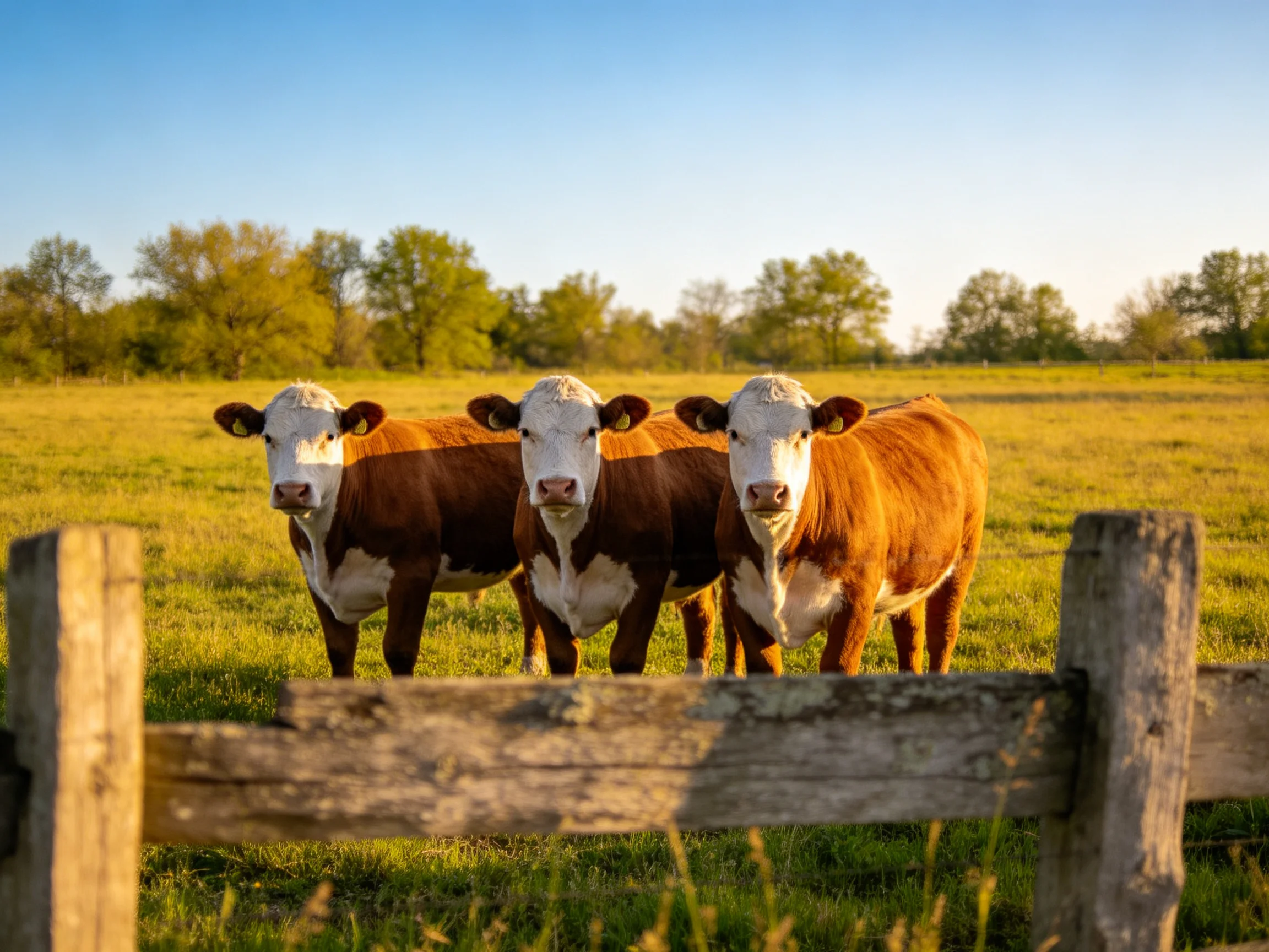 Three brown-and-white cows near a wooden fence in a sunlit pasture