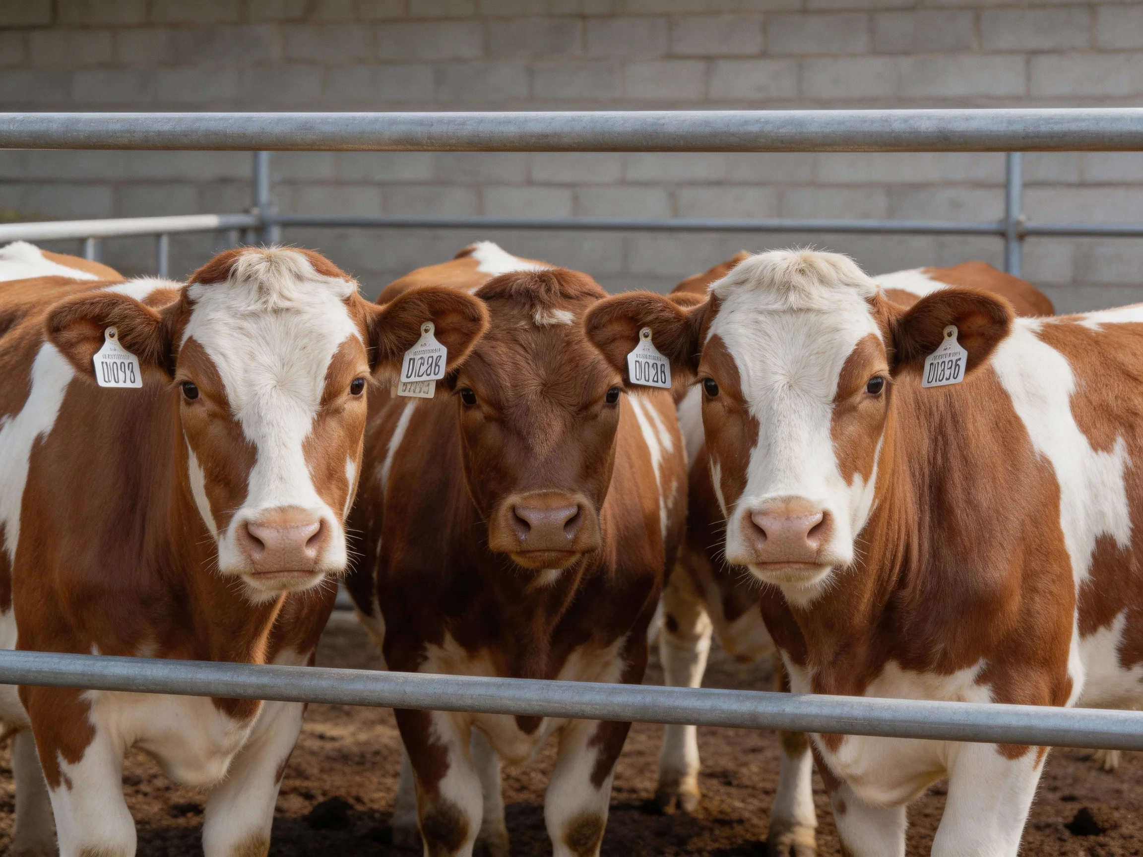 Three brown and white cows near metal railings by a brick wall