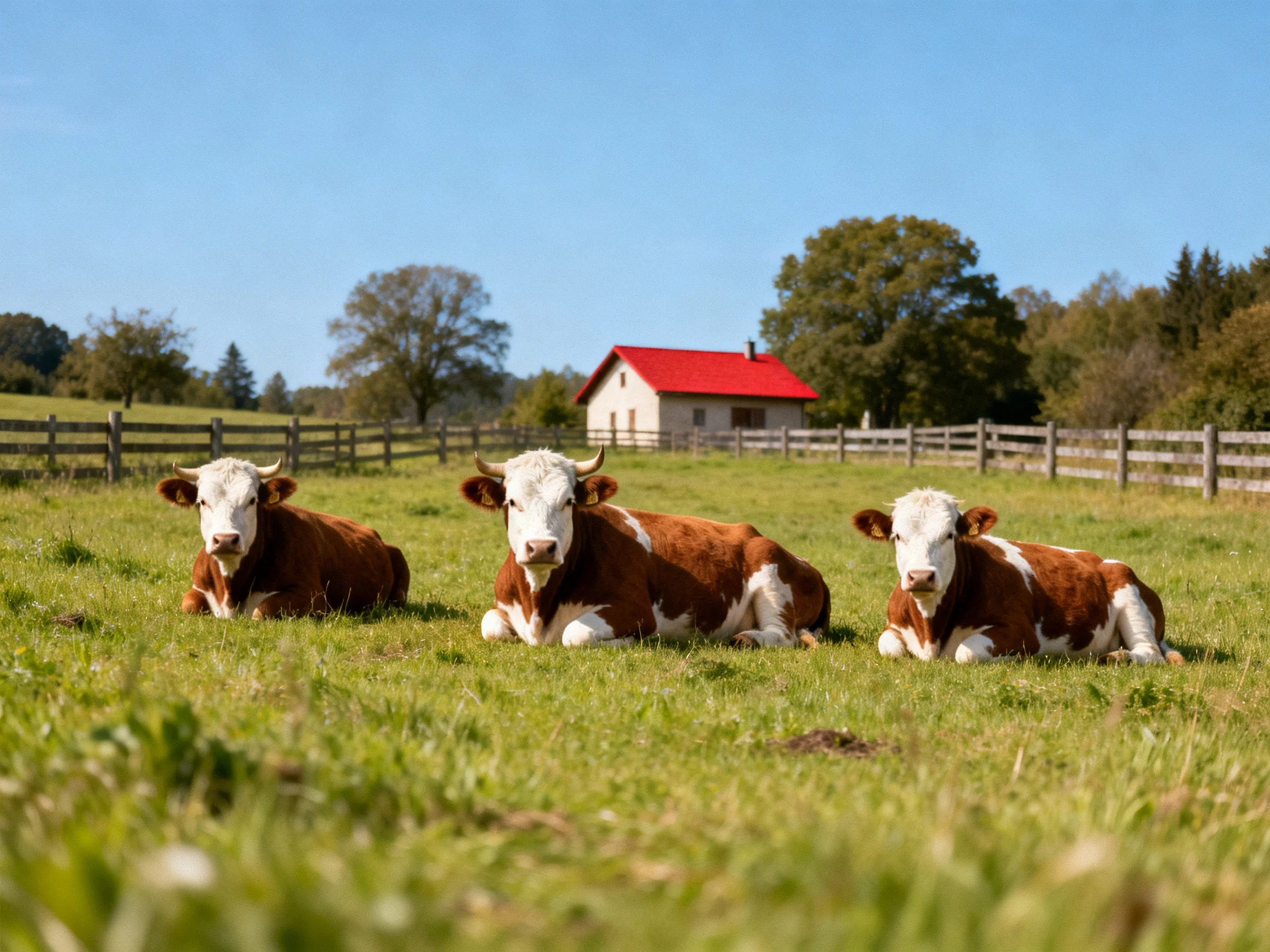 Three brown-and-white cows rest in a green pasture near a red-roofed farm building.