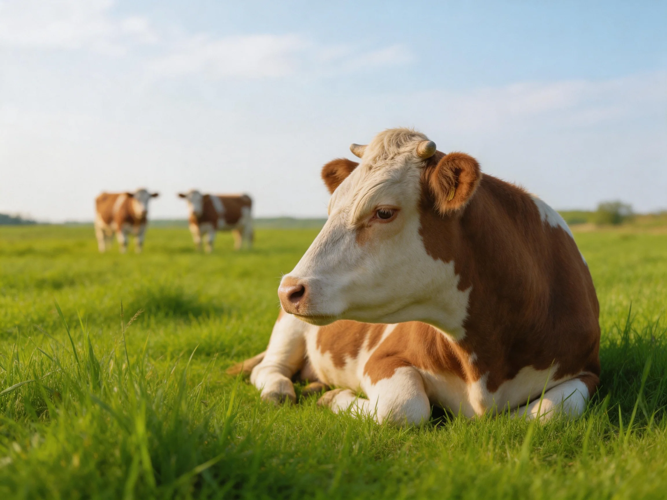 Three brown-and-white cows rest in a sunlit green pasture