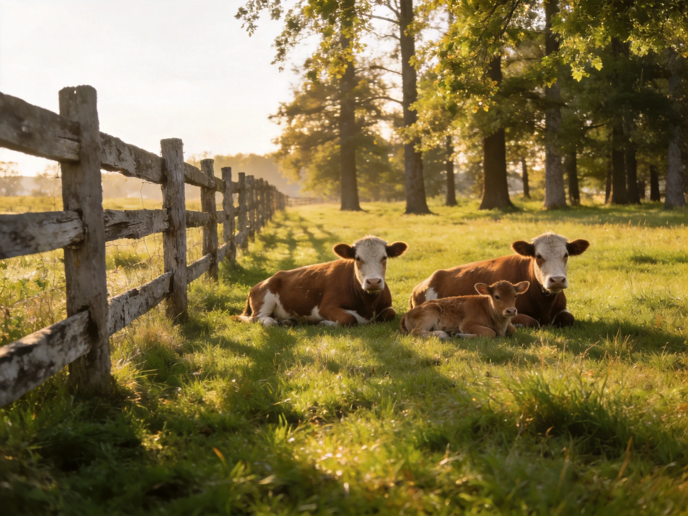 Three brown-and-white cows rest near a wooden fence in a sunlit pasture