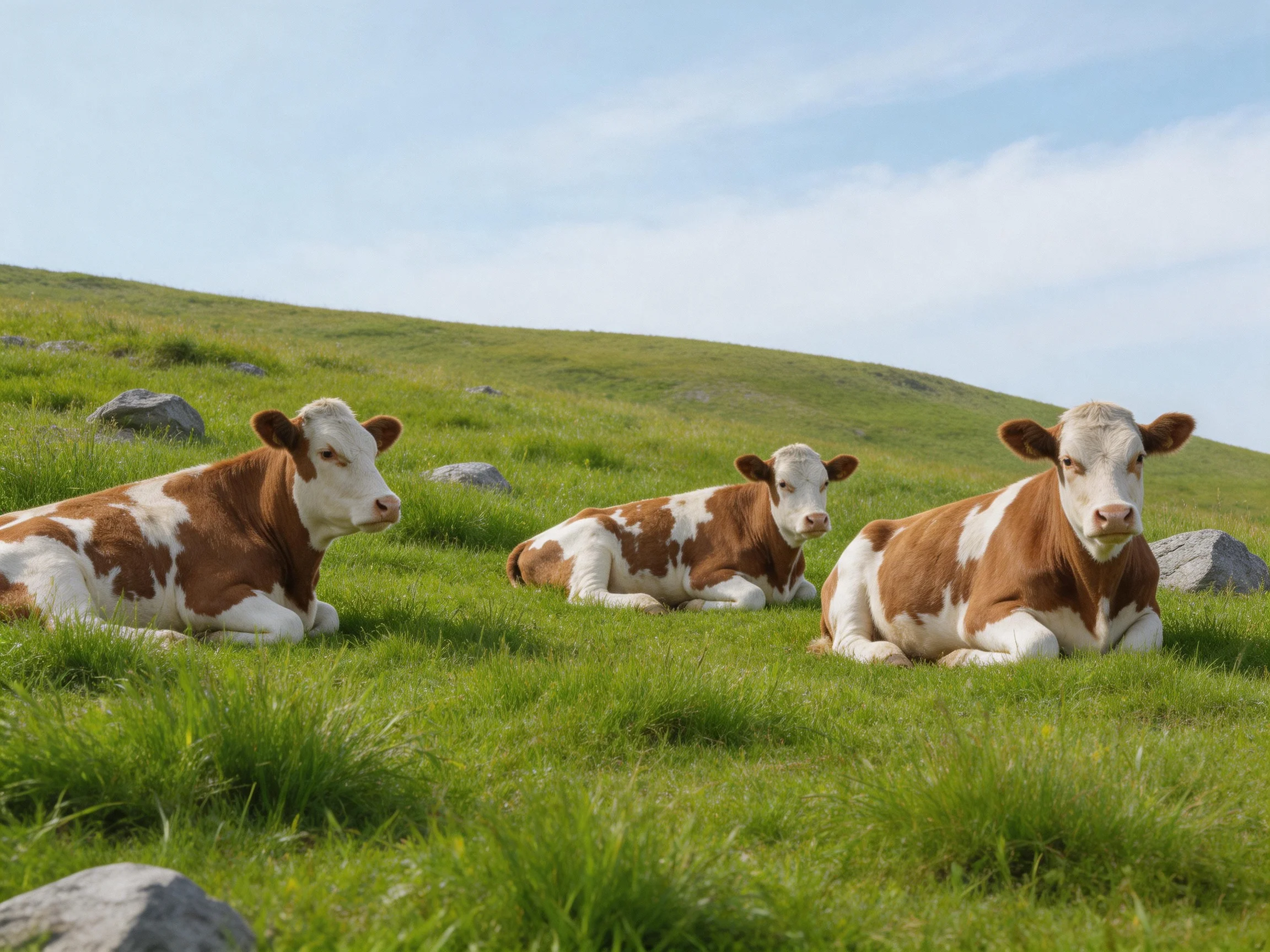 Three brown-and-white cows rest on a lush green hillside