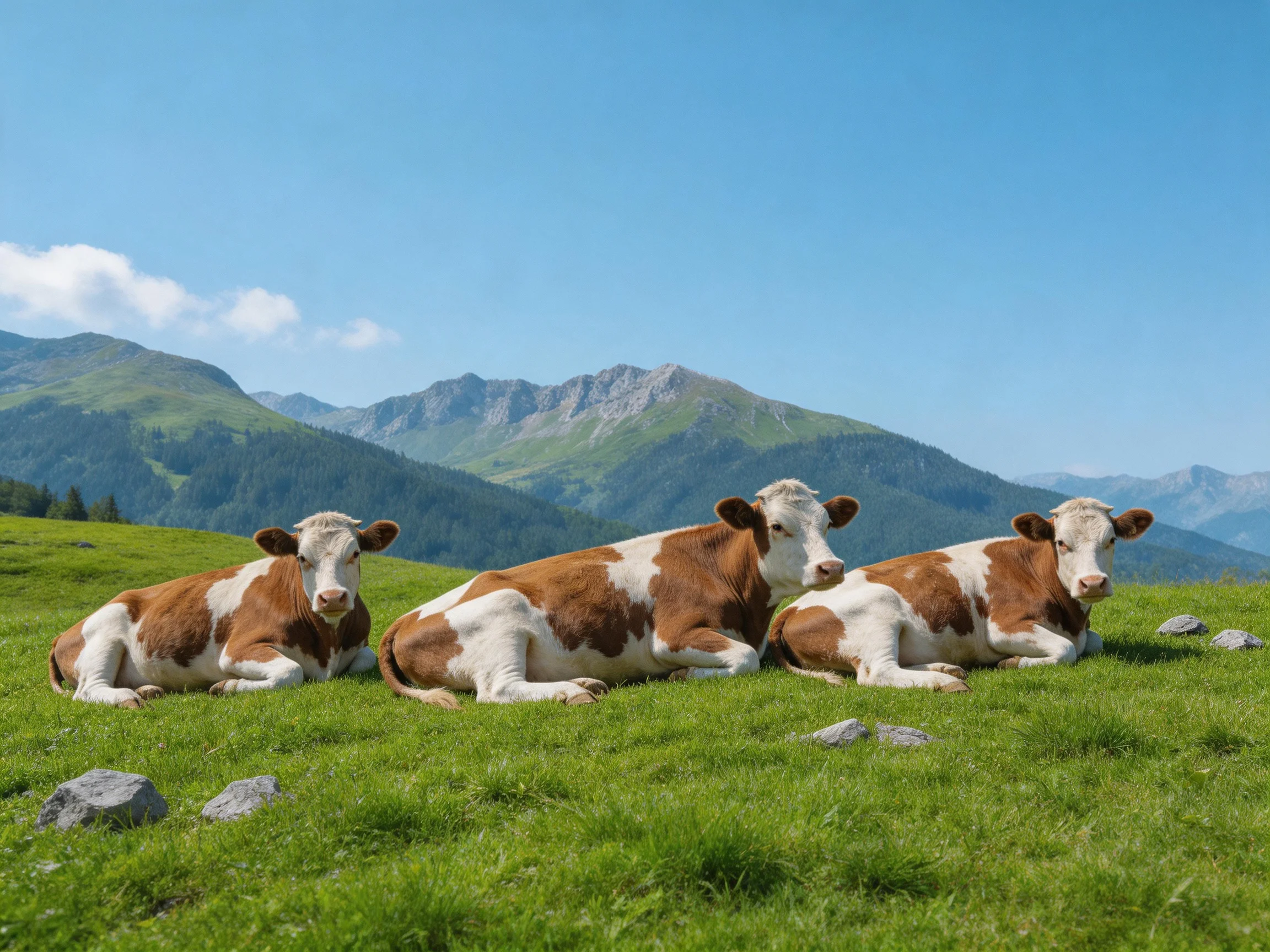 Three brown-and-white cows rest on a lush green meadow near mountain peaks