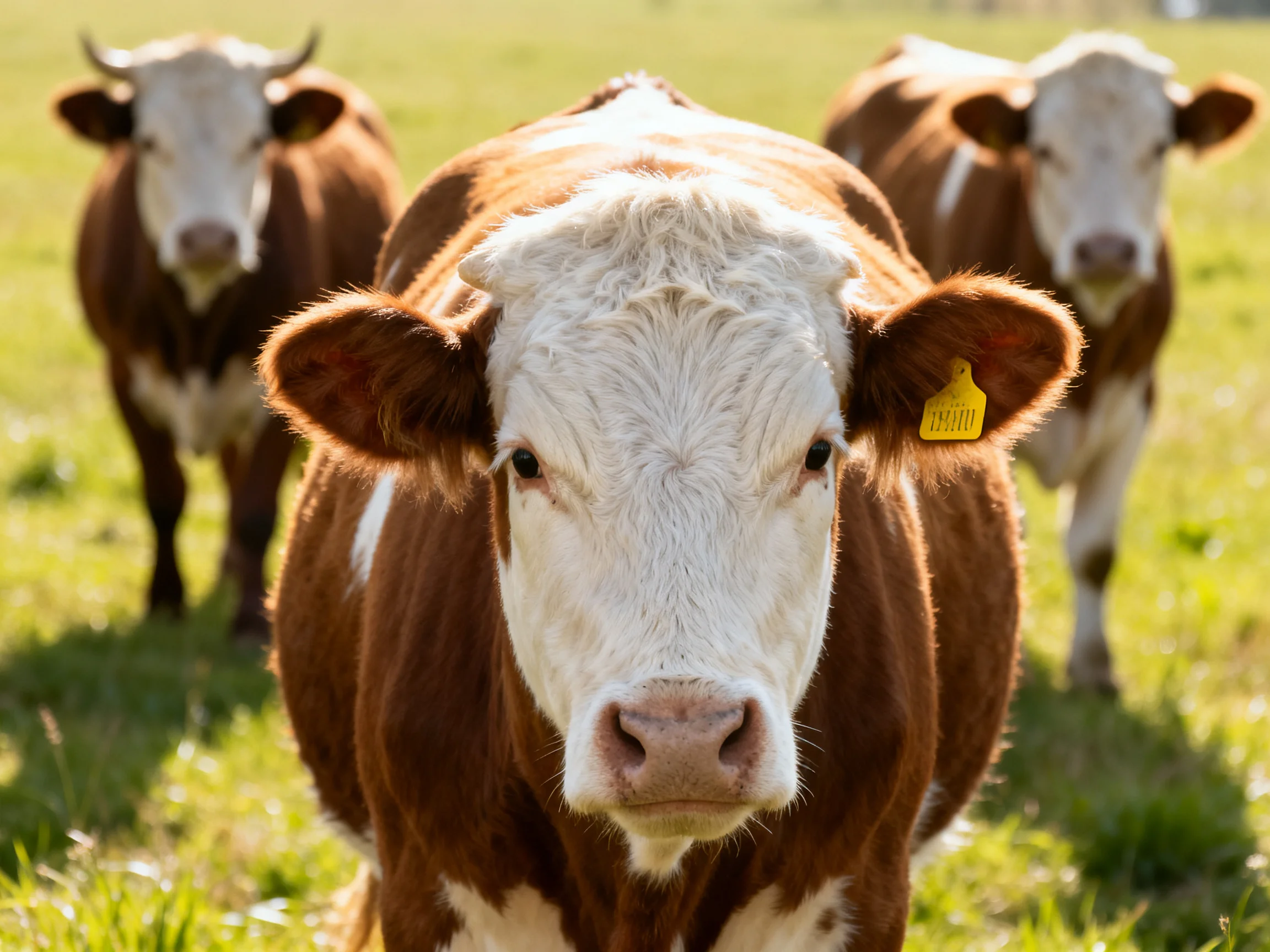 Three brown and white cows stand in a sunlit green pasture