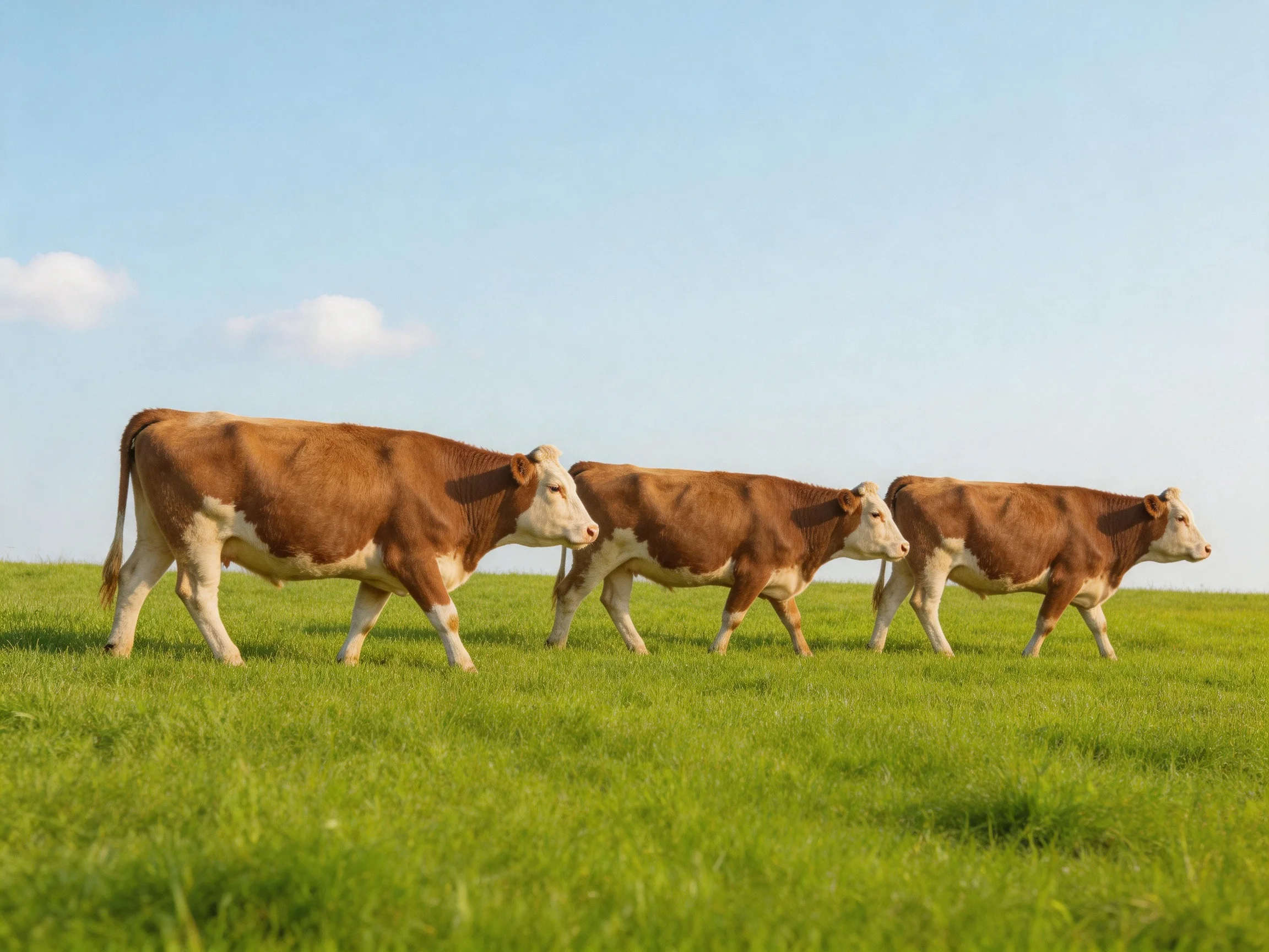 Three brown-and-white cows walk through a lush green pasture under a bright blue sky