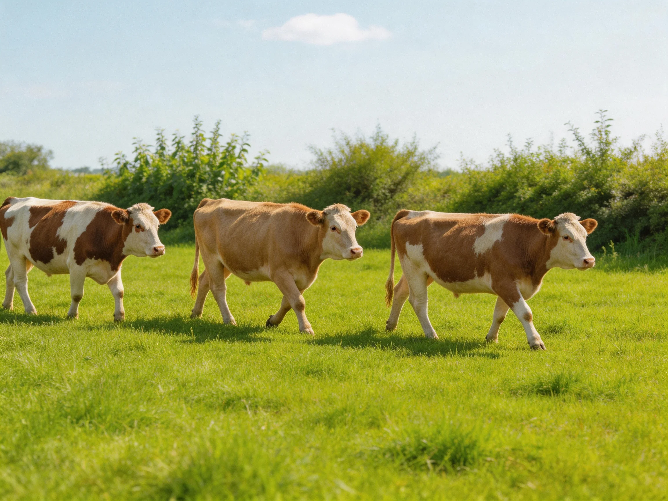 Three brown-and-white cows walk through a sunny green pasture