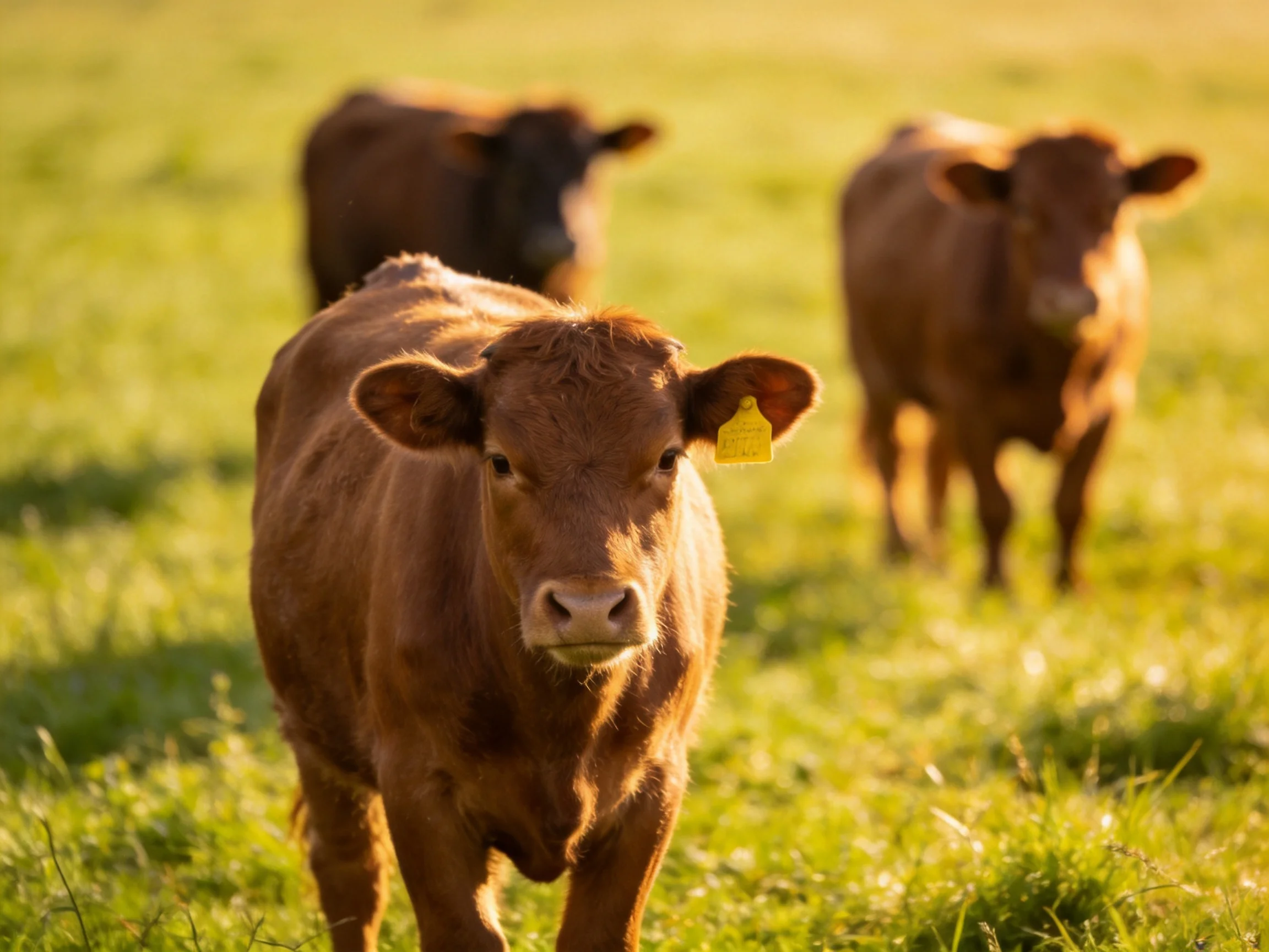 Three brown calves graze in a sunlit green pasture