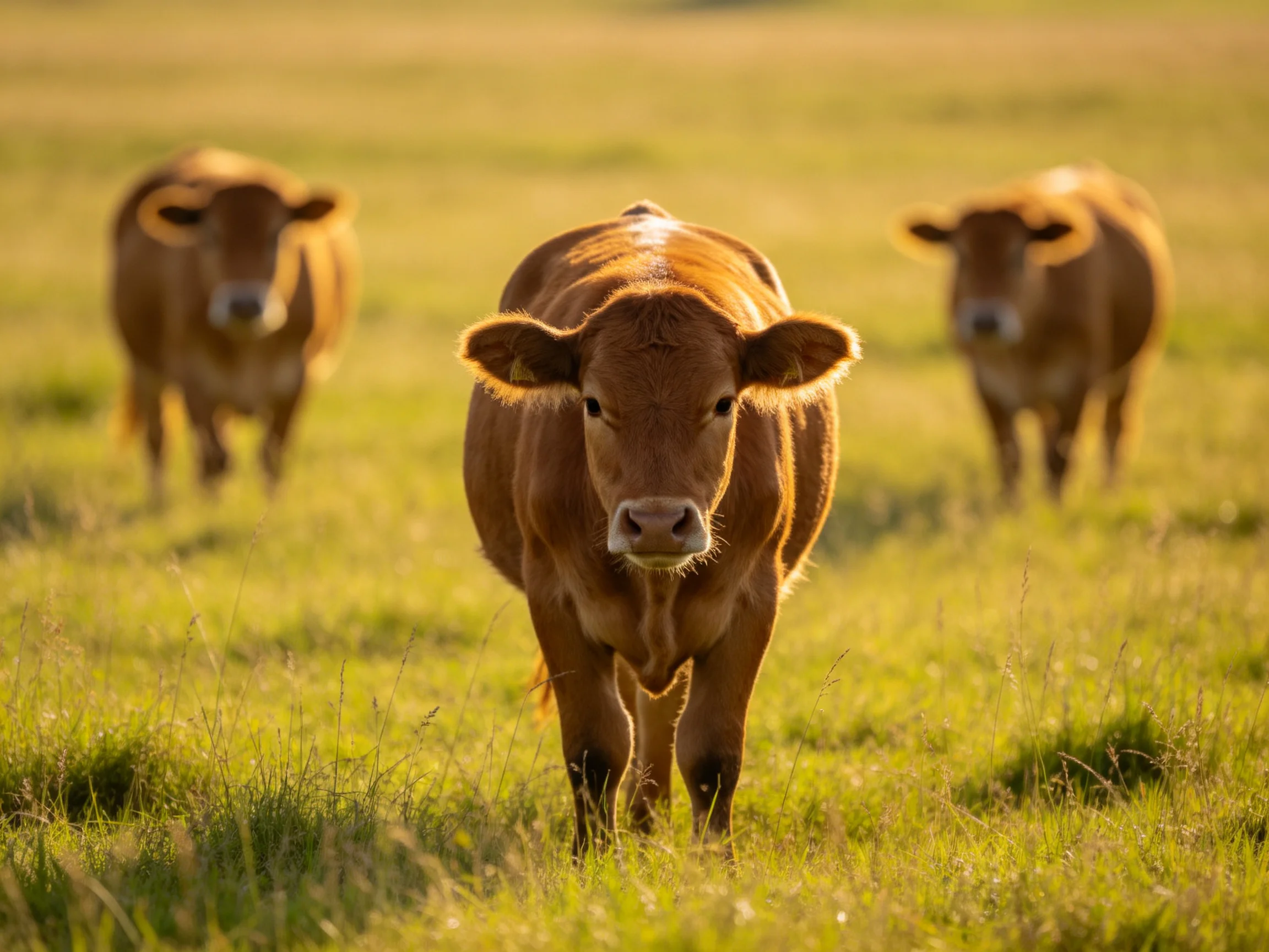 Three brown calves graze in a sunlit green pasture