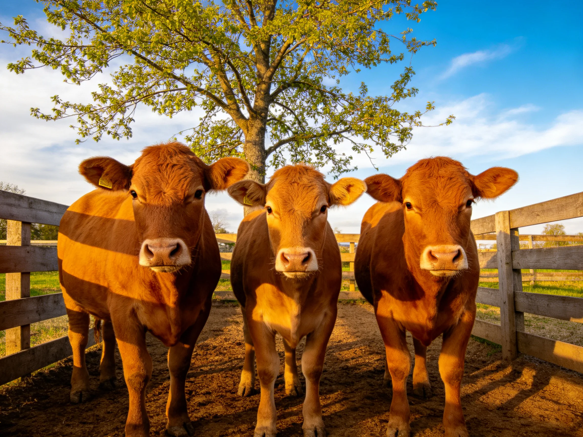 Three brown calves stand by wooden fences under a leafy tree