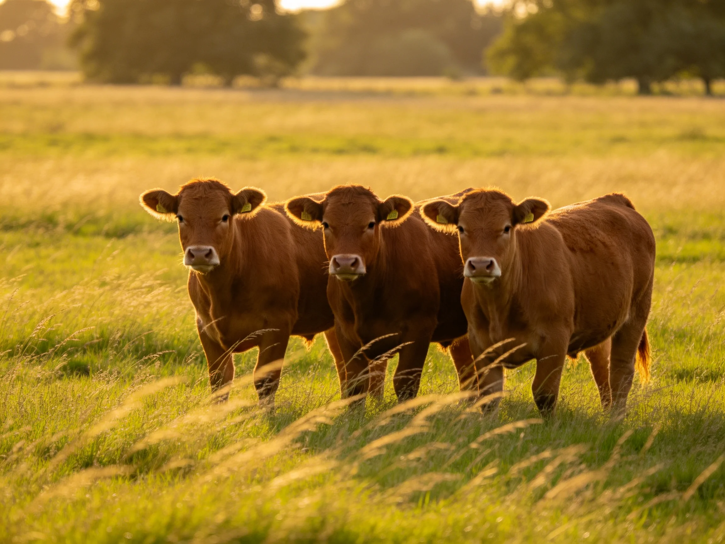 Three brown calves stand in a sunlit green pasture