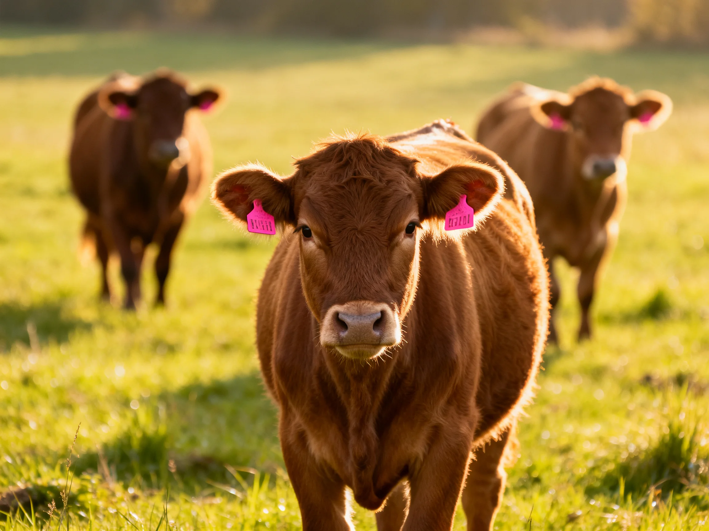 Three brown calves with pink ear tags in a sunlit pasture