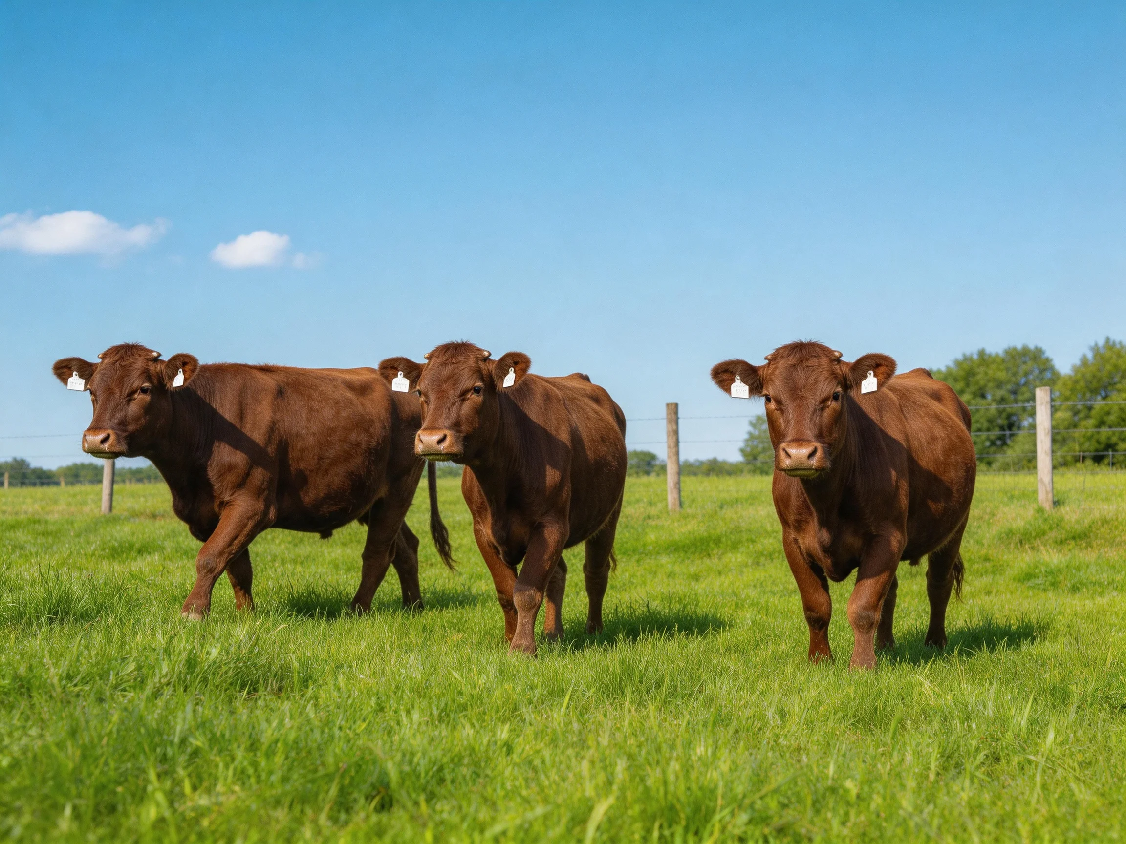 Three brown cattle graze in a lush green pasture under clear blue sky