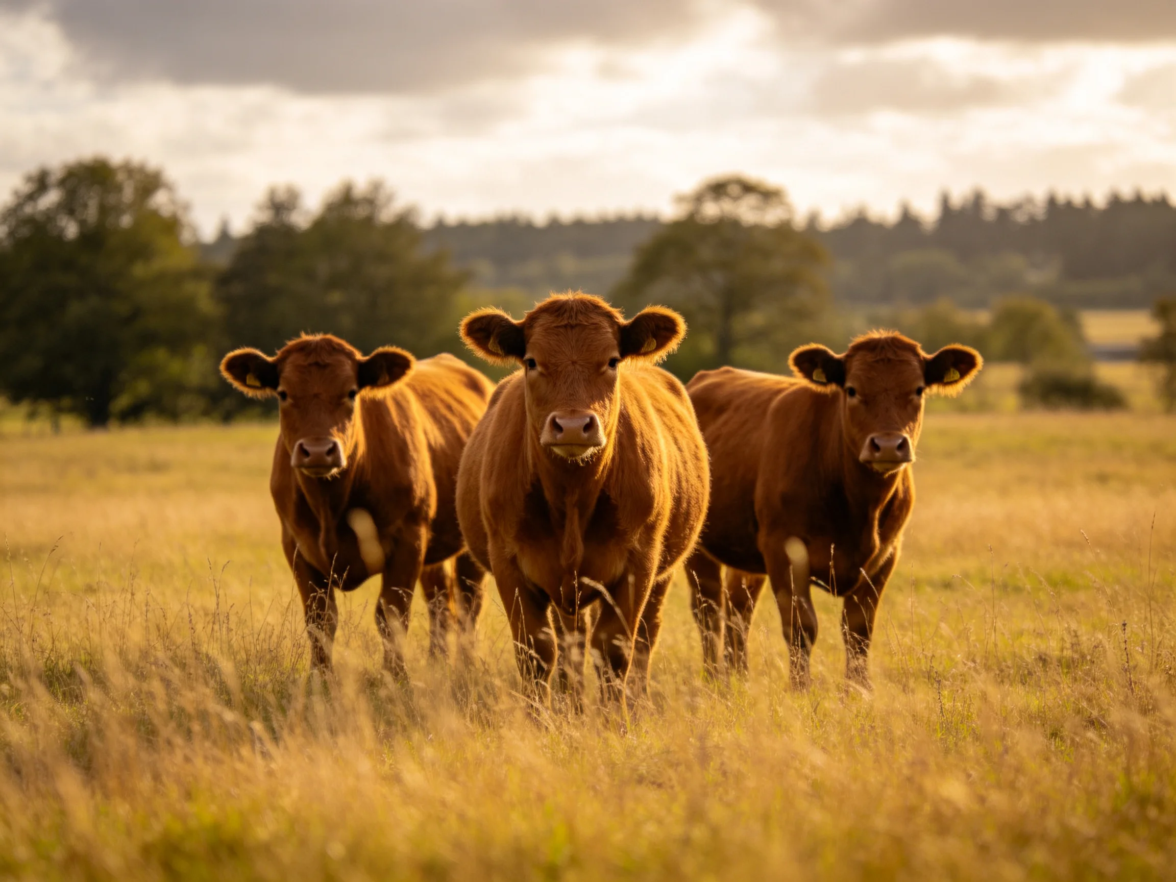 Three brown cattle stand in a sunlit golden meadow near trees
