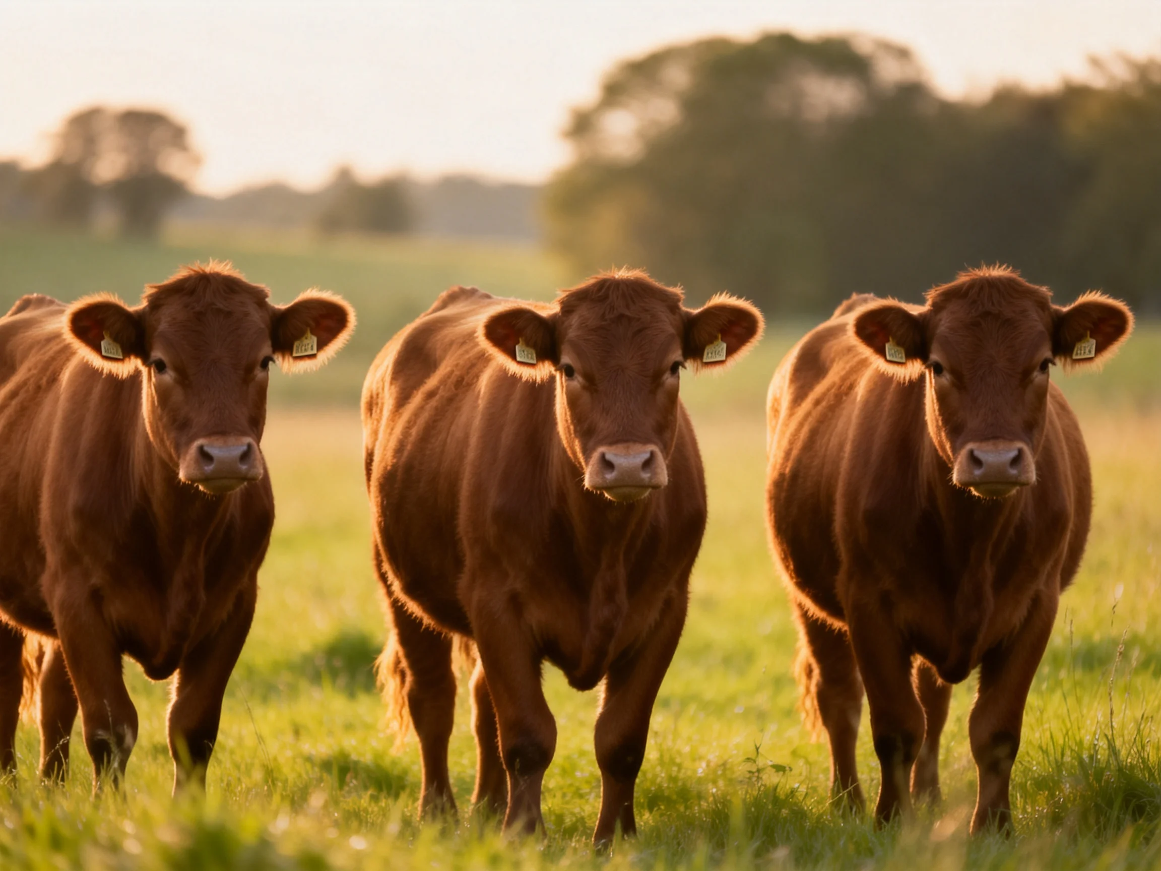 Three brown cattle stand in a sunlit meadow