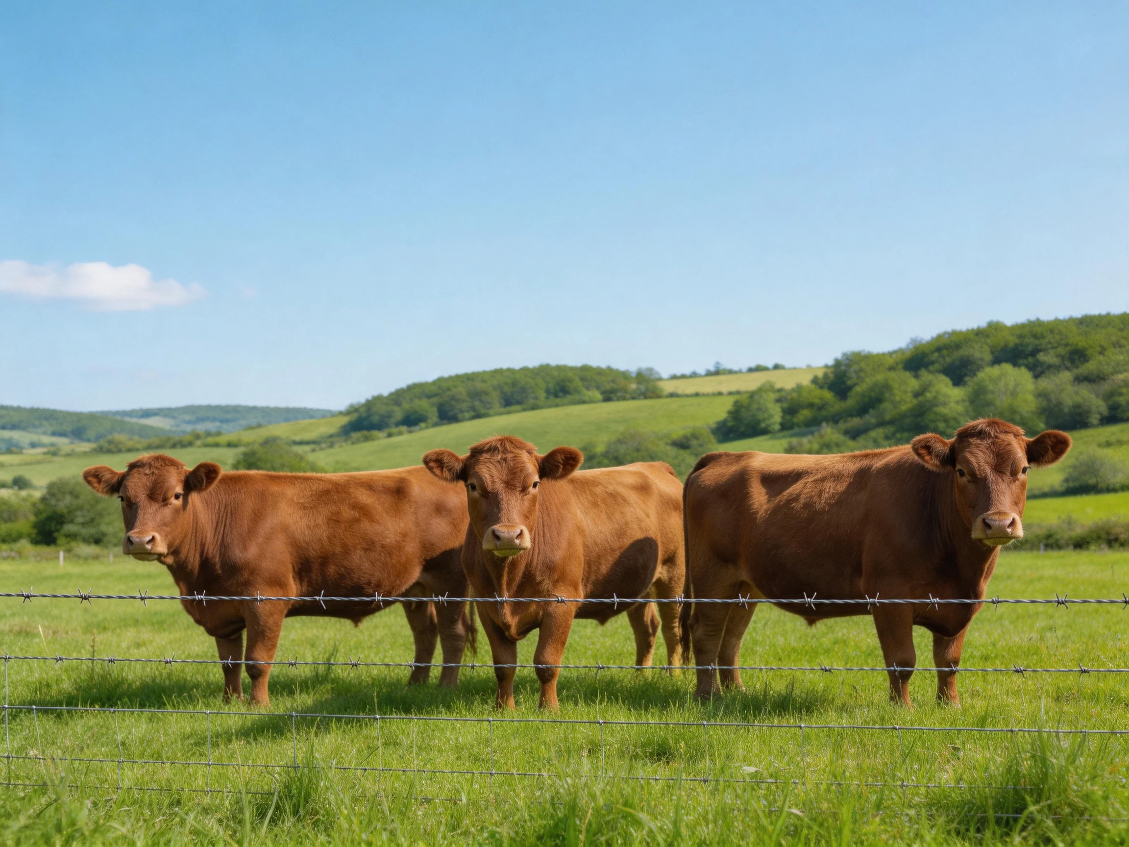 Three brown cows behind a barbed wire fence in a lush green pasture